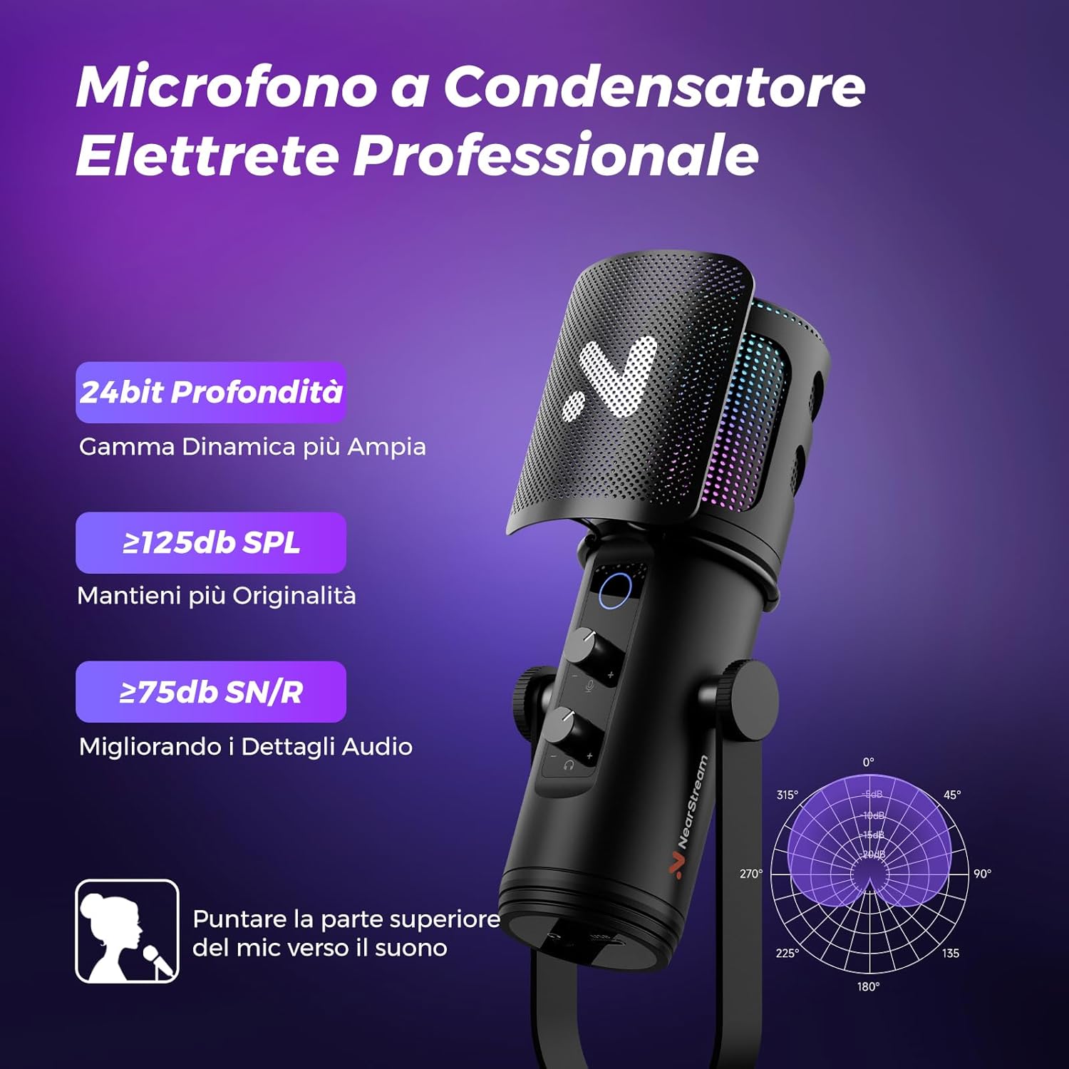 Detalle de NearStream Microfono da gioco per PC: USB con cancellazione del rumore, RGB e braccio a ghigliottina