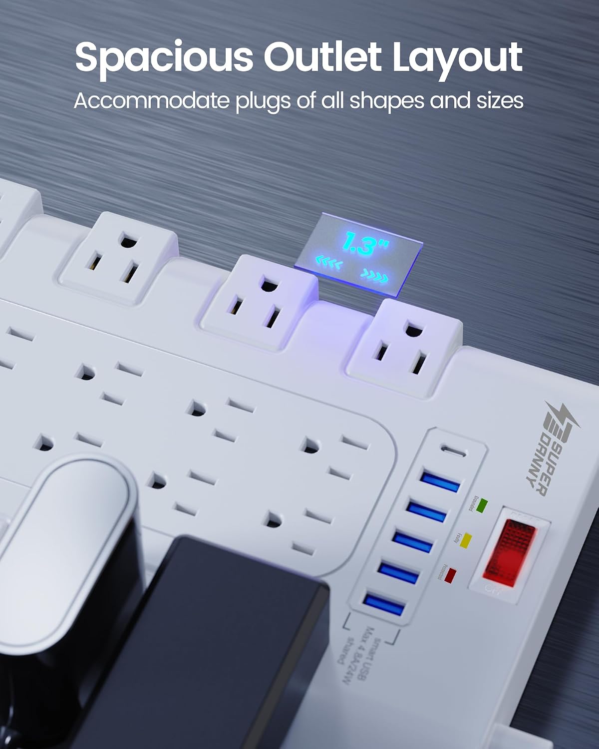 Thumbnail 3 de SUPERDANNY Flat Plug Power Strip Surge Protector, 22 Outlets, 6 USB, 2100J