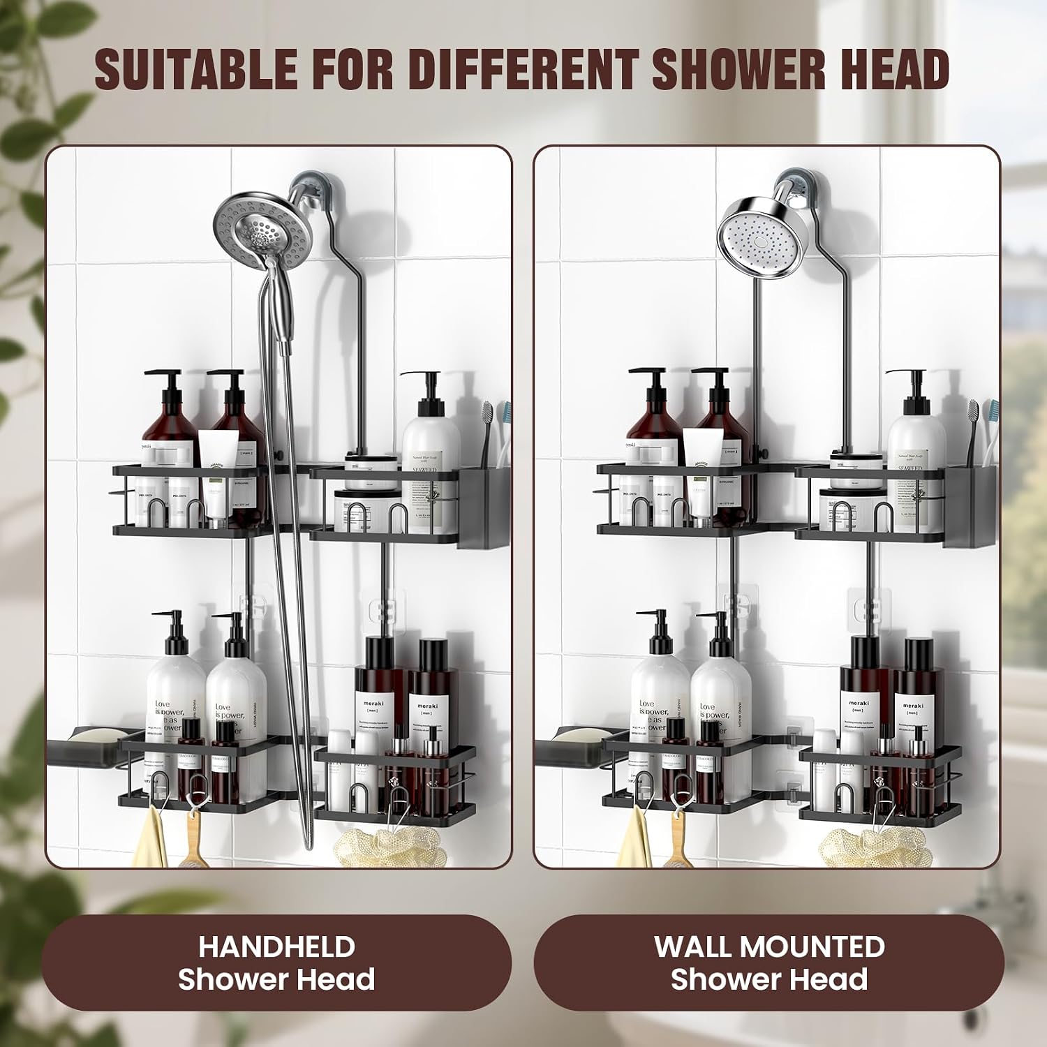 Detalle de REINHARDT Adjustable Shower Caddy for Handheld Showerheads, Black, 4 Baskets