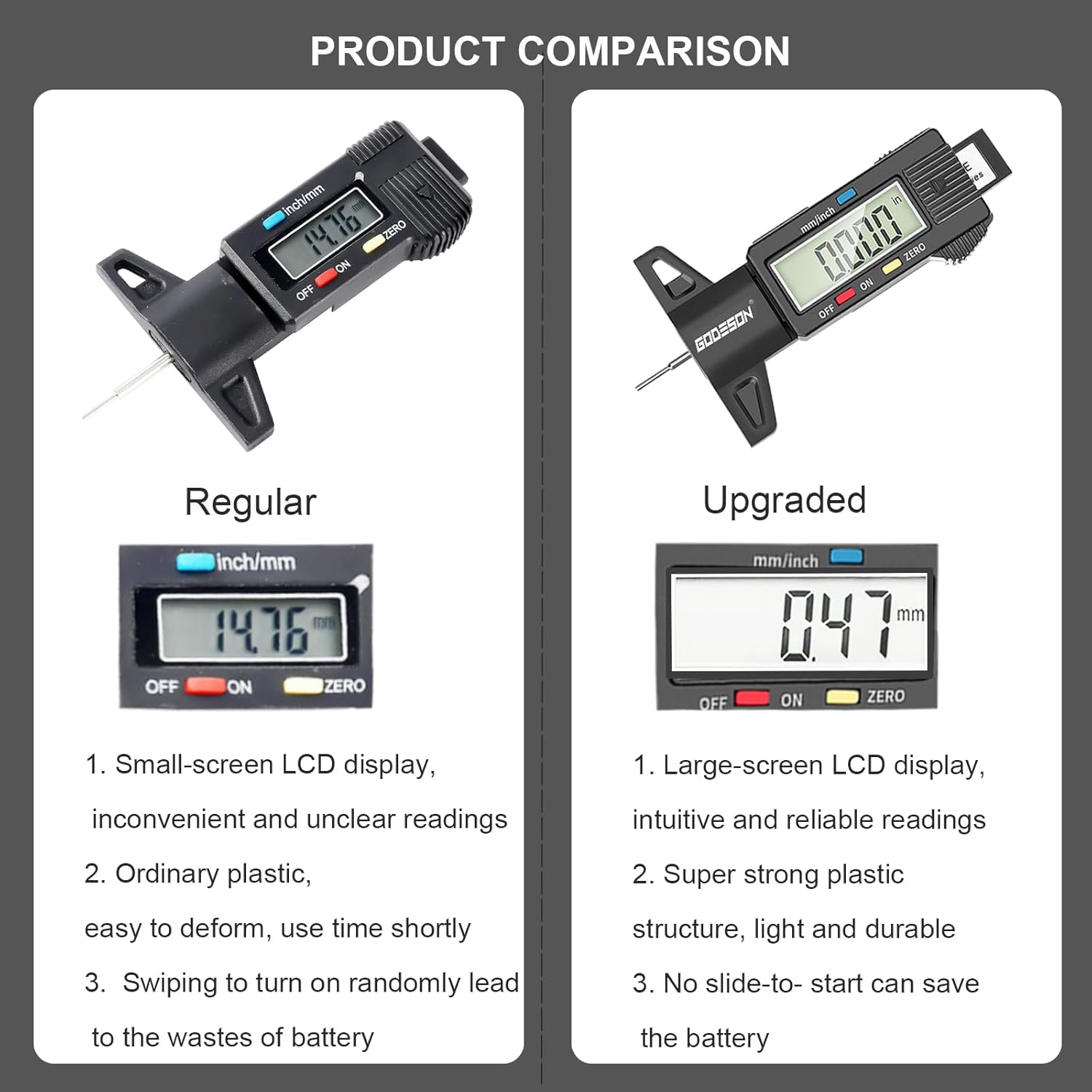 Thumbnail 5 de GODESON Digital Tyre Tread Depth Gauge (UK) – 0–25.4mm/0–1in, 0.01mm accuracy with large LCD