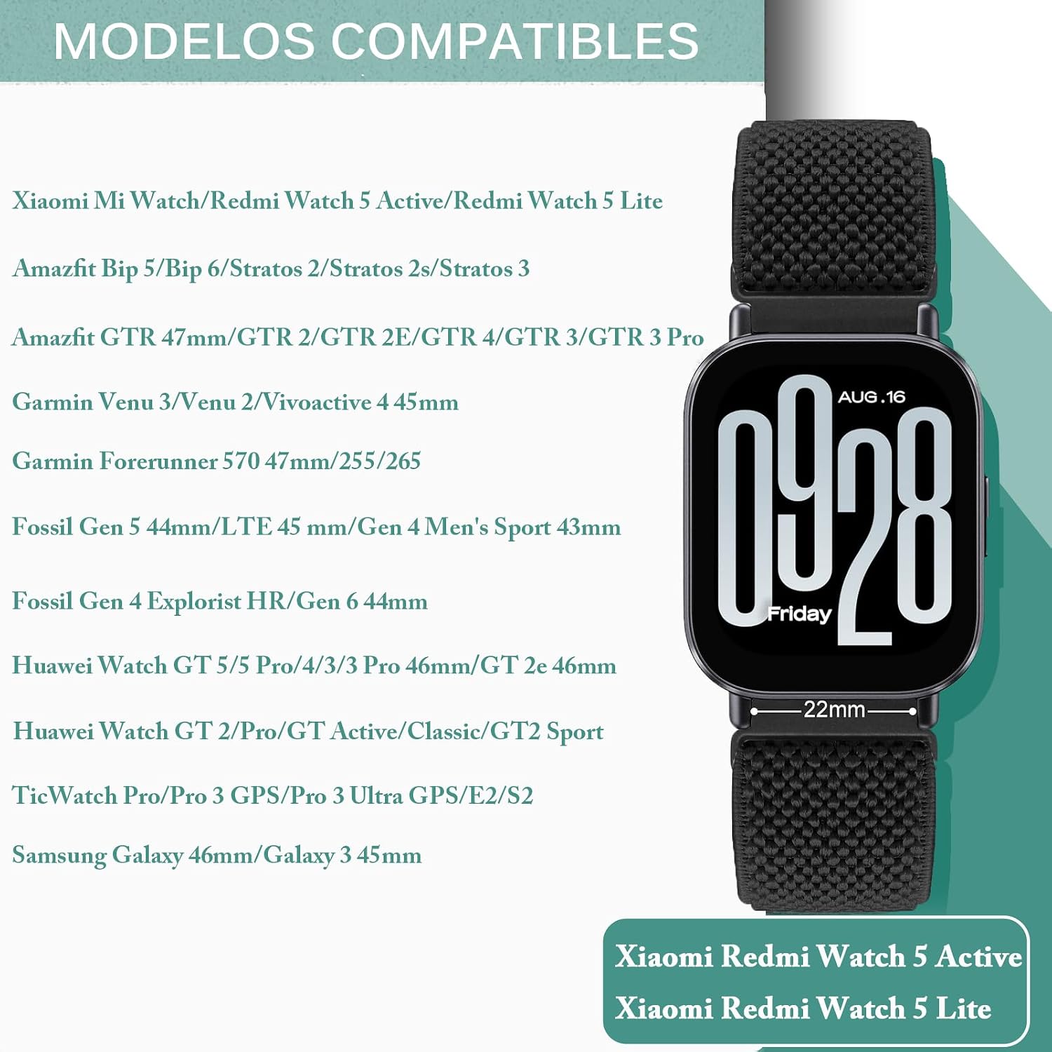 Detalle de BTTNG Correa de 22 mm para Xiaomi Redmi Watch 5 Active / Redmi Watch 5 Lite y más – Pulsera deportiva de repuesto en nylon elástico