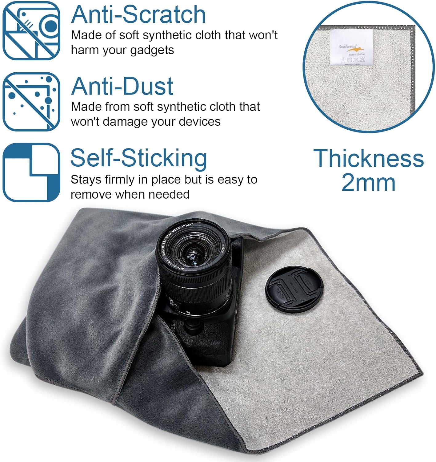 Thumbnail 3 de ComfortAce Protective Wrap Magic Stick-it Lens Camera Wrapper Cloth (58x58cm) – Anti-scratch travel organiser, Grey