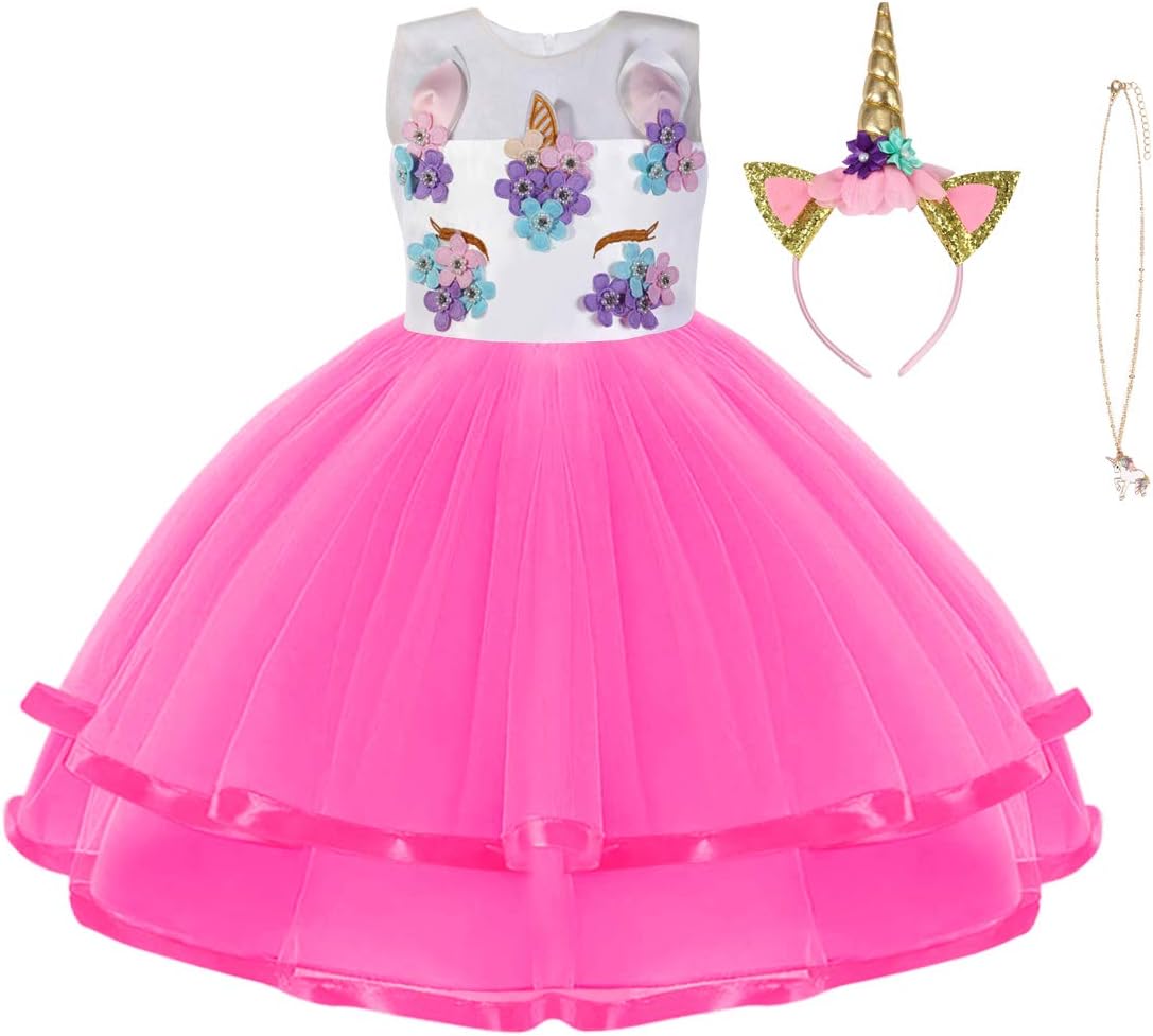 Detalle de URAQT Vestito da principessa per bambina con collana e fascia – unicorno e arcobaleno, per cosplay e feste