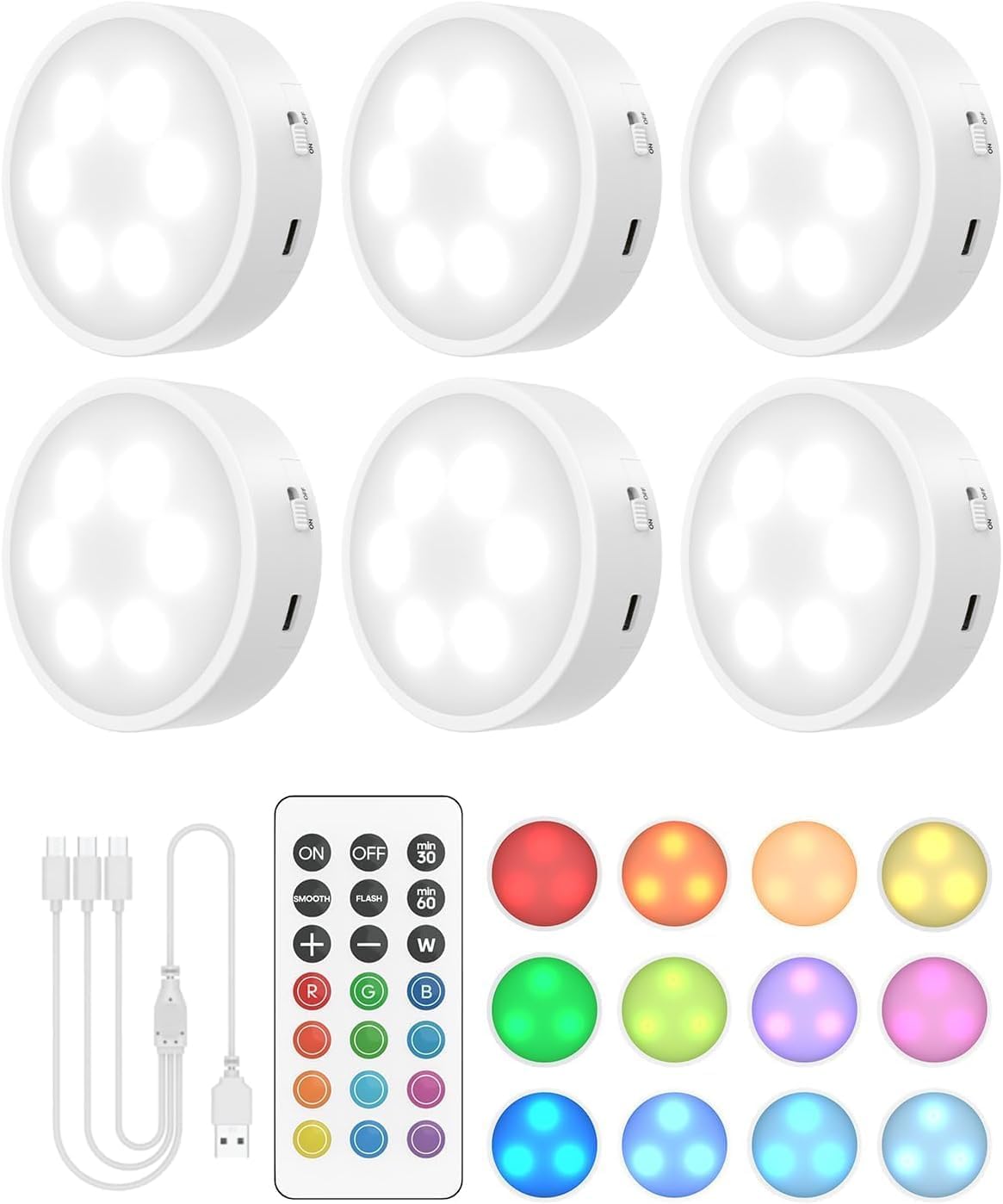 Detalle de GOODEA.fun Kabellose Vitrinenbeleuchtung – 6× Aufladbare RGBW-Puck Lights mit Fernbedienung