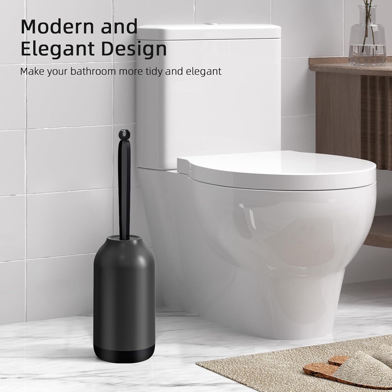 Detalle de HAMITOR Toilet Bowl Brush Holder Set, S-Shaped Head, Long Handle, Black
