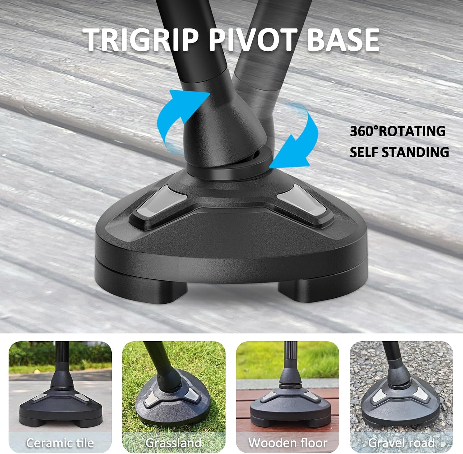 Thumbnail 2 de HEALTHBAZAAR RH1615 TRIGRIP Folding Cane, 8 Height Settings, Pivot Base, Natural Black