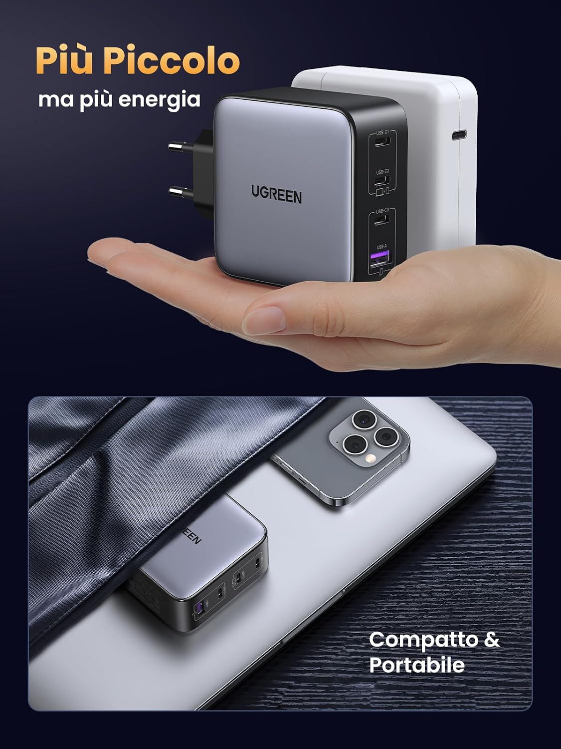 Detalle de UGREEN Nexode 100W caricatore GaN USB-C multiplo con 4 porte (3 USB-C + 1 USB-A)