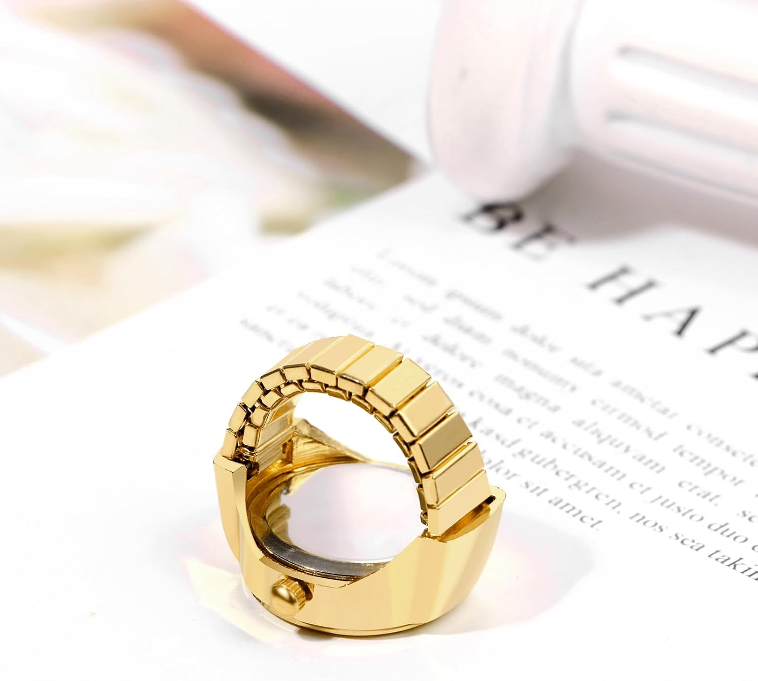 Detalle de JewelryWe Ringuhr Damen Elastische Fingeruhr – Gold, Totenkopf-Design, Quarzwerk