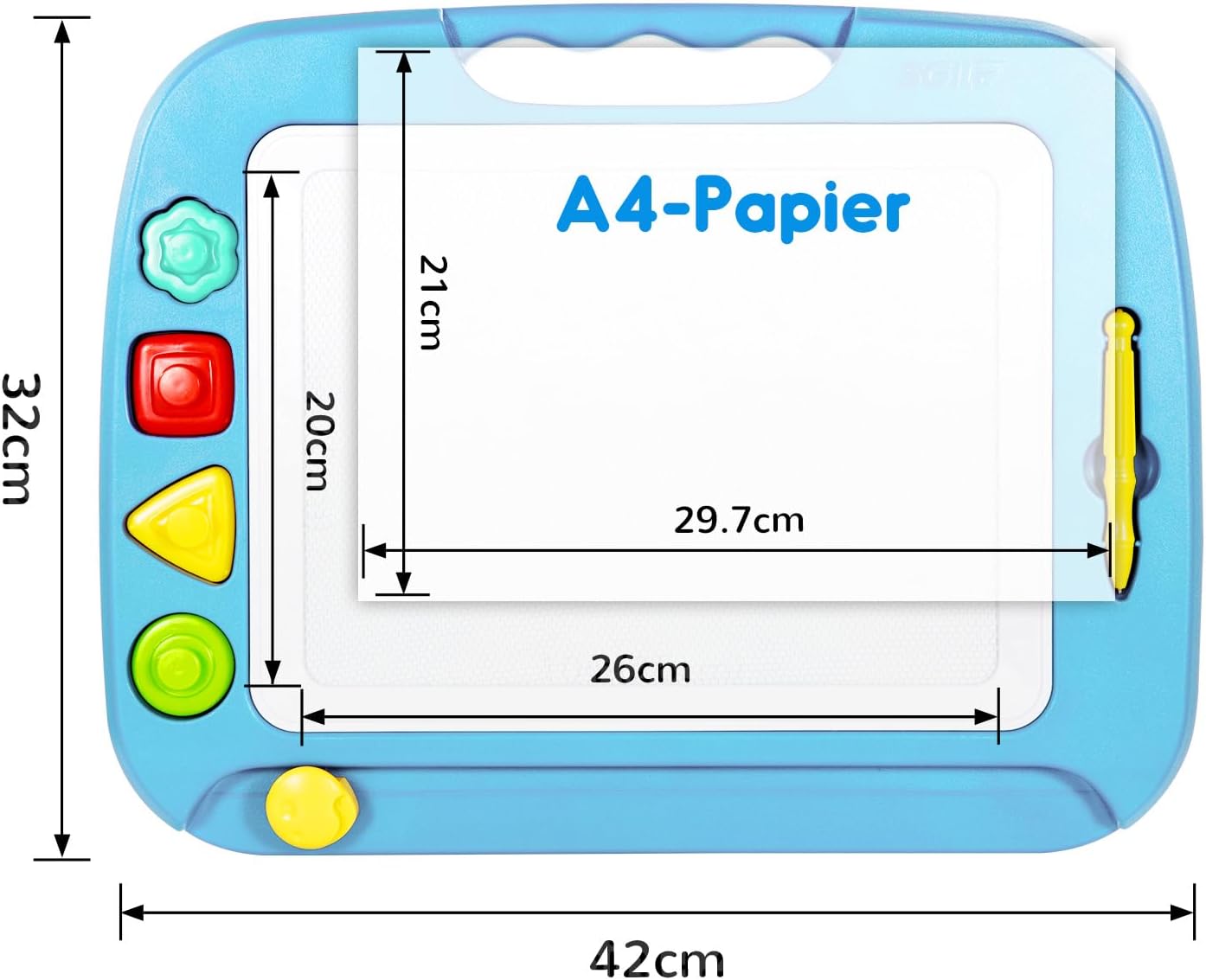 Detalle 2 de SGILE große magnetische Maltafel Zaubertafel für Kinder (42 x 32 cm), hellblau mit Stift und 4 magnetischen Stempeln