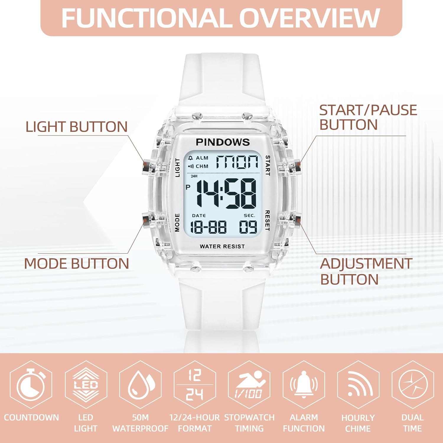 Thumbnail 2 de PINDOWS Digitale Sportuhr für Damen mit transparentem Gehäuse, LED-Licht und 5 ATM – Stoppuhr & Dualzeit