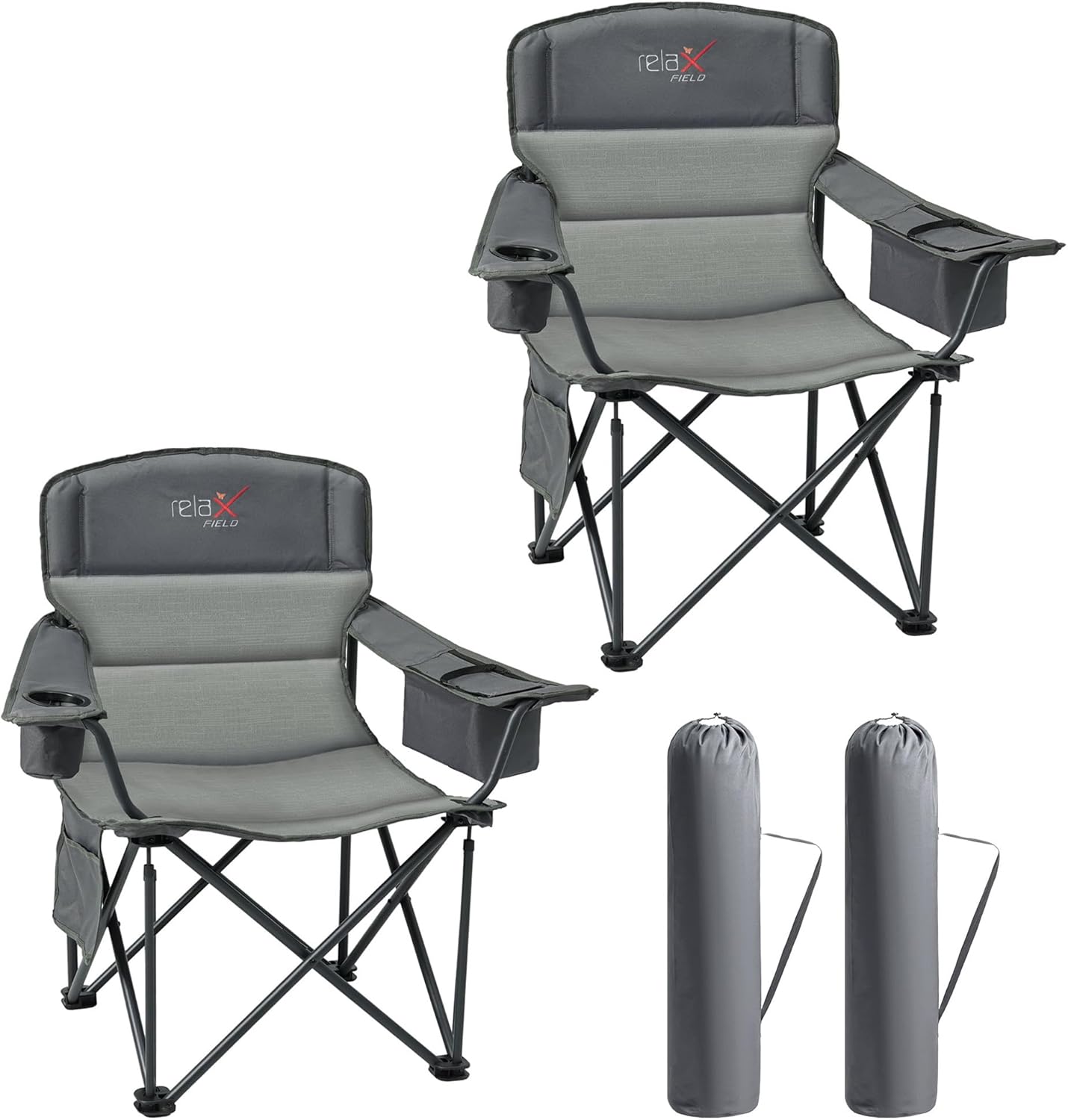 Detalle de RELAX FIELD Set of 2 Oversized Camping Chairs for Adults – Heavy Duty, 200kg Capacity, Cup Holder & Cooler Bag (Grey)
