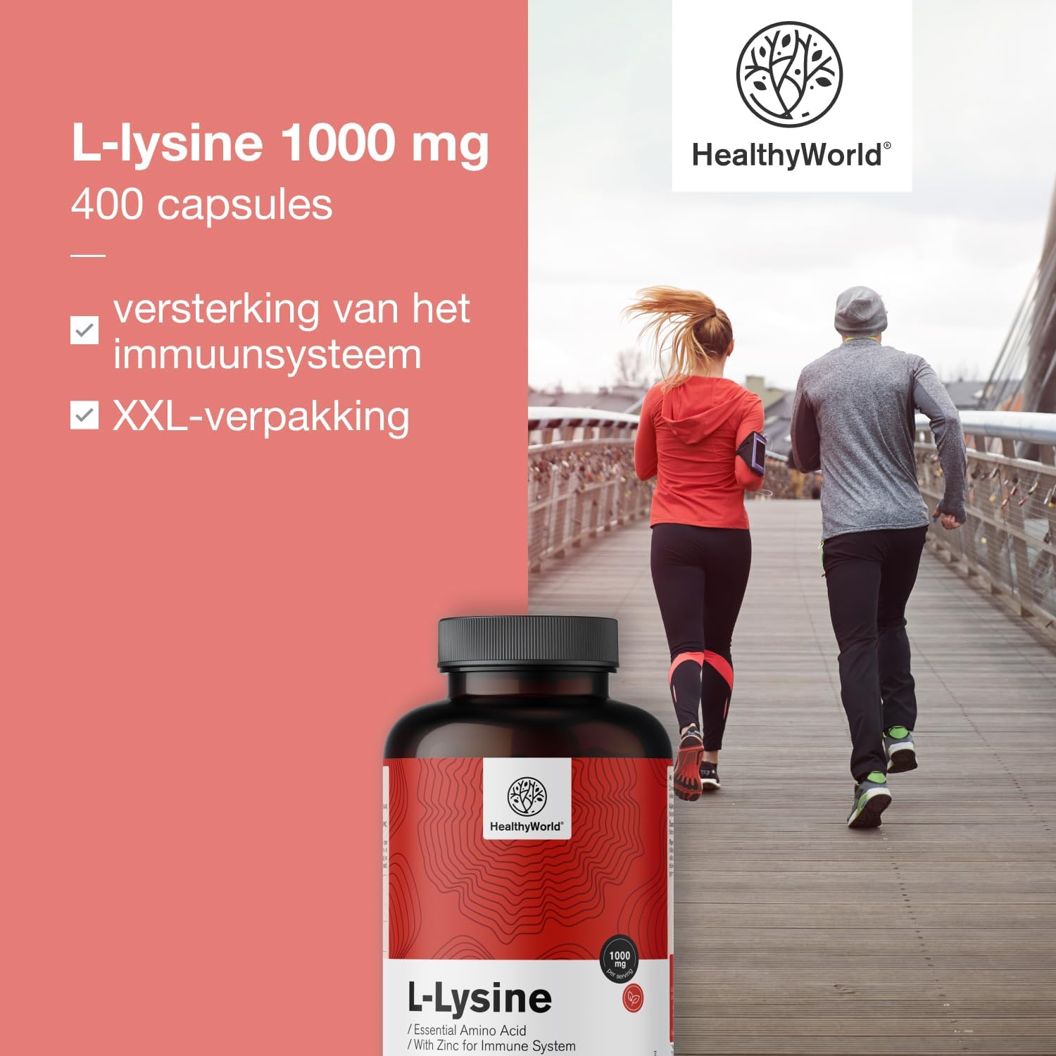 Thumbnail 3 de HealthyWorld L-Lysine Hydrochloride 1000 mg met zink, 400 capsules