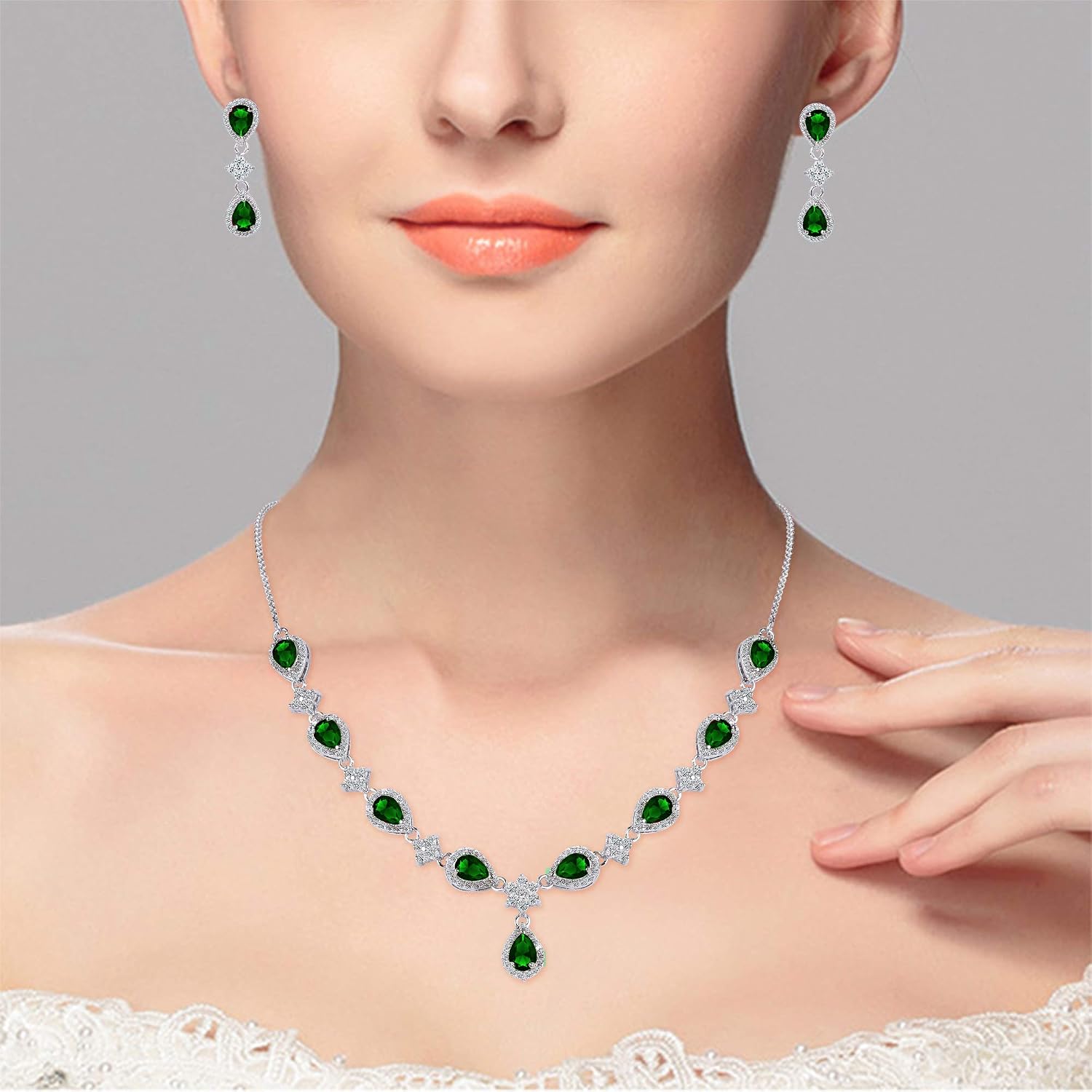 Thumbnail 1 de Clearine Gioielli: Set Gioielli da Sposa con Collana e Orecchini in Zirconia Cubica – Fiore e Gocce d’Acqua