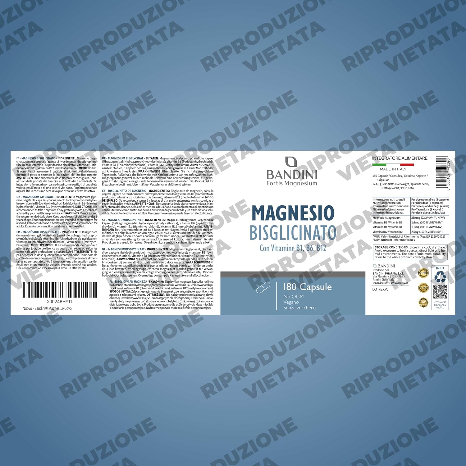 Detalle de Bandini Magnesium Bisglycinaat, 180 capsules met vitamine B1, B6 en B12