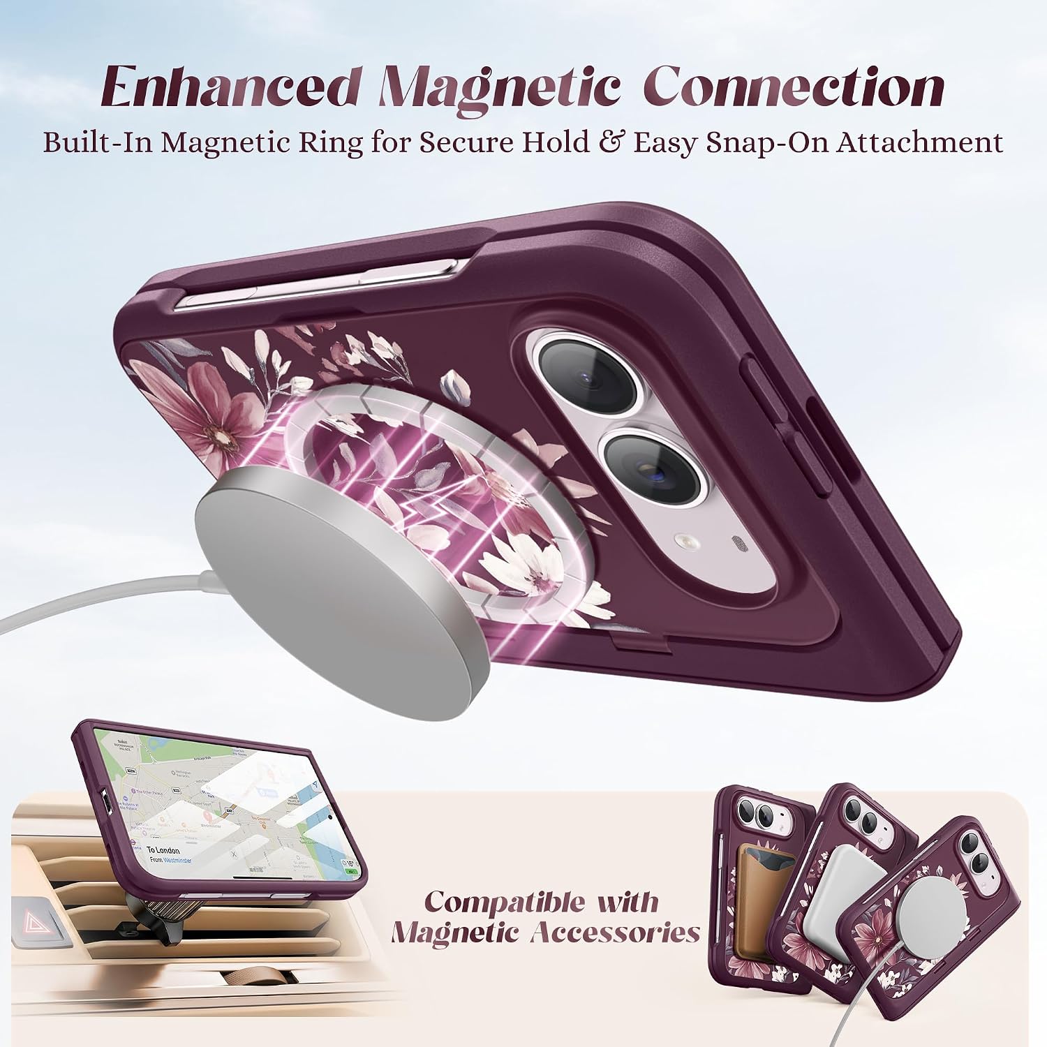 Thumbnail 3 de GVIEW iPhone Duo Case, MagSafe Compatible, Clarkia/Dark Cherry Floral Design