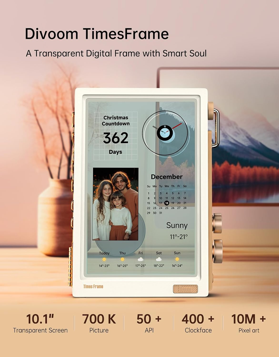 Detalle de Divoom Times Frame – Transparenter 10,1-Zoll IPS-Digitalrahmen mit WLAN, 64 GB Speicher und RGB-Drehknopf