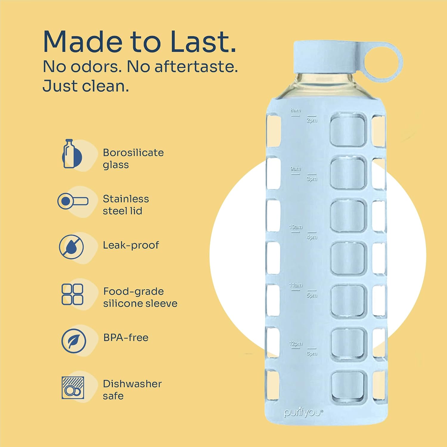 Detalle de Purifyou 40oz Borosilicate Glass Water Bottle with Time & Volume Markers