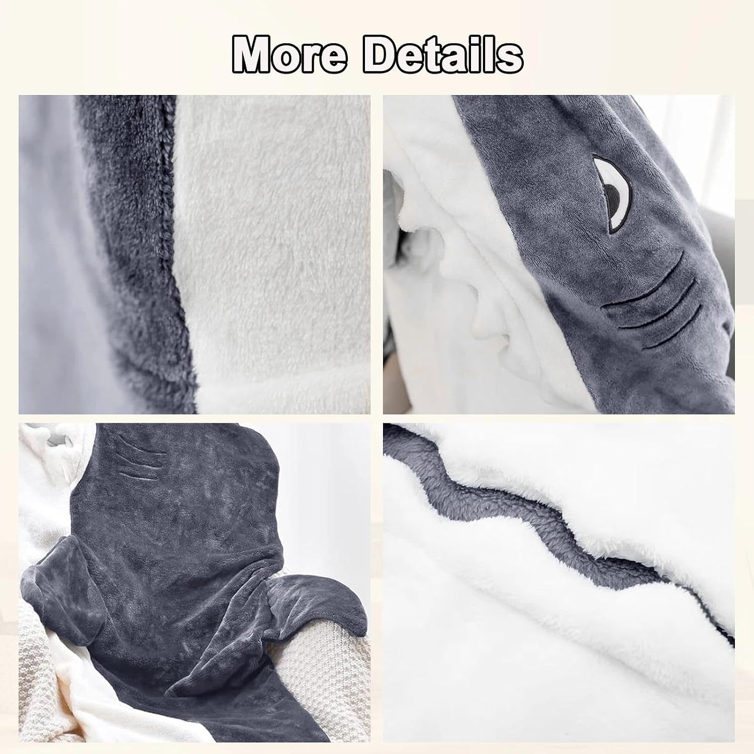 Detalle de LANSKYWARE Wearable Shark Blanket, Gray XXL Facecloth Onesie with Hood