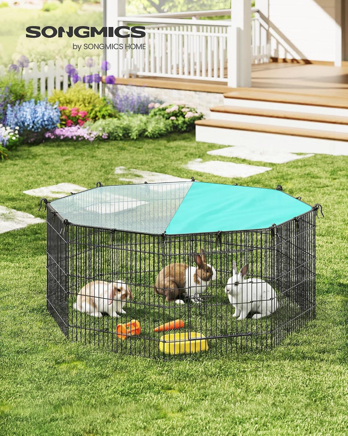 Detalle de SONGMICS Kleintiergehege, Freilaufgehege mit Abdeckung – 138 × 138 × 60 cm, 8 Gitterplatten, tintenschwarz (LPI020BH01)