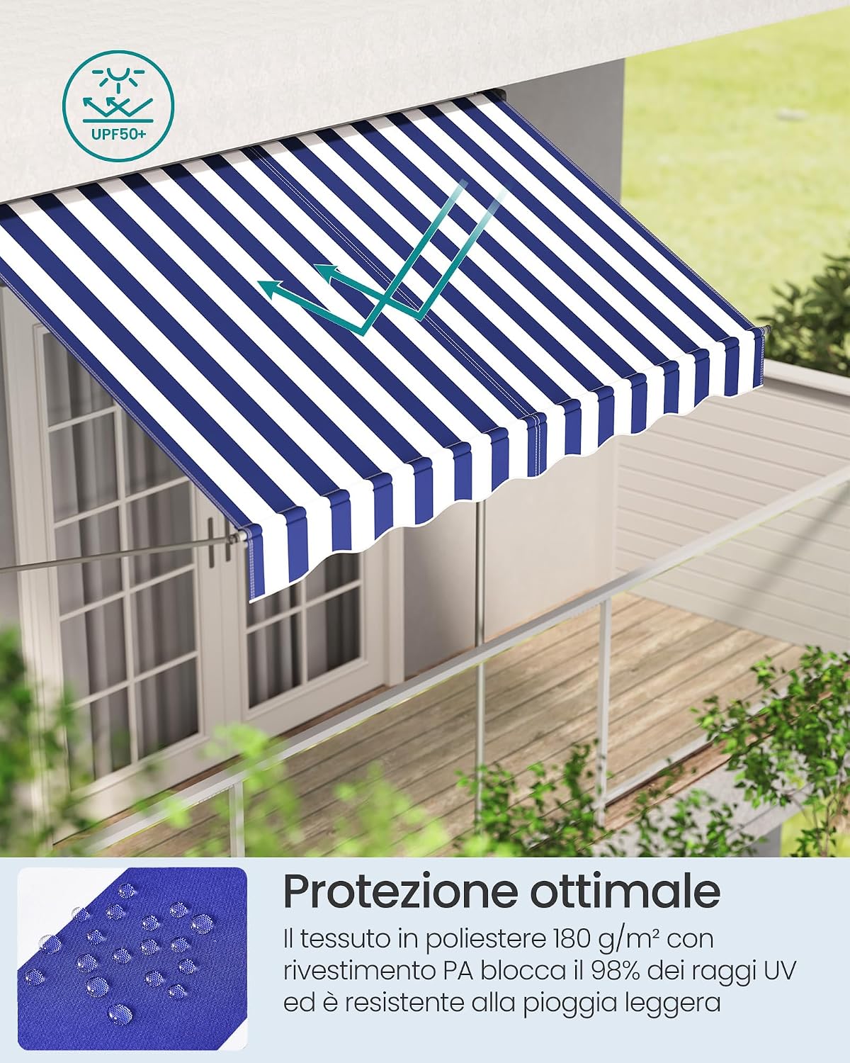 Detalle de SONGMICS Tenda da Sole Avvolgibile GSA252QZ01 – Tendalino Retrattile 250x120 cm Blu/Bianco