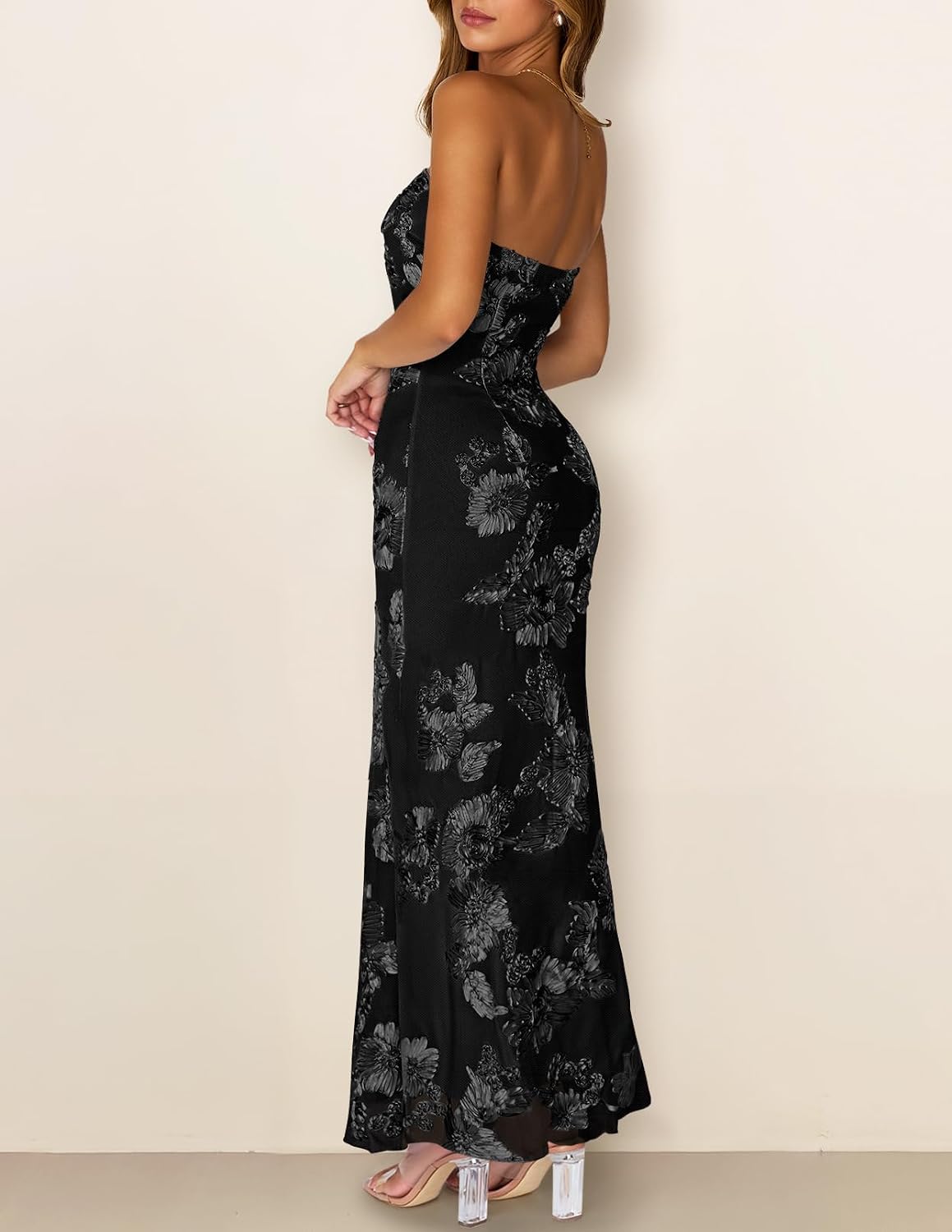 Detalle de MEROKEETY Women's Floral Strapless Maxi Dress 2026 Summer Mesh Tube Bodycon Formal Wedding Guest Cocktail Party Long Dresses