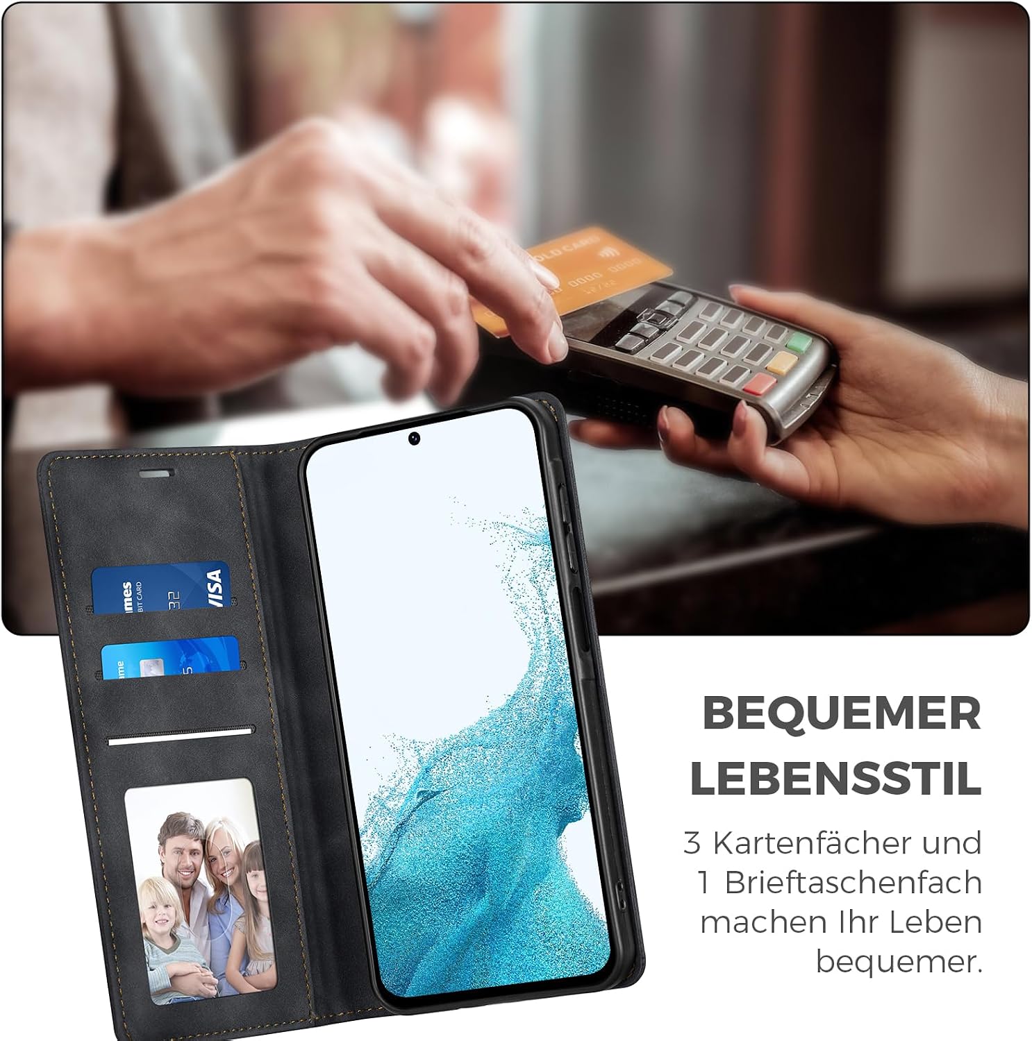 Detalle 2 de AIMOYU Premium Leder Flip Case mit Kartenfach für Samsung Galaxy S22 – Schwarz