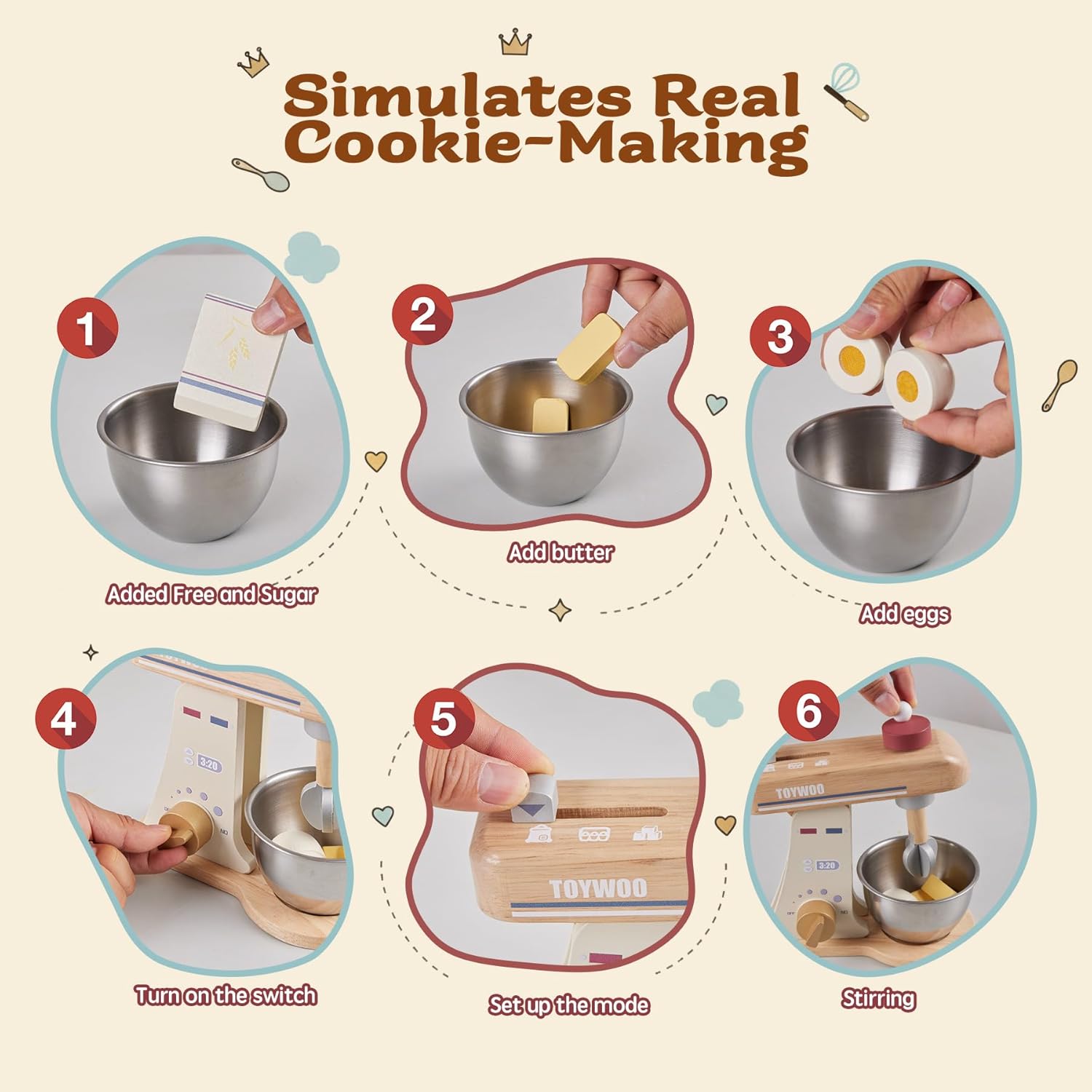 Thumbnail 3 de Toywoo Holzspielmixer für Kinder – Lern-Kochset-Zubehör mit Rührbesen, Rührstäben & Teigwender ab 3 Jahren