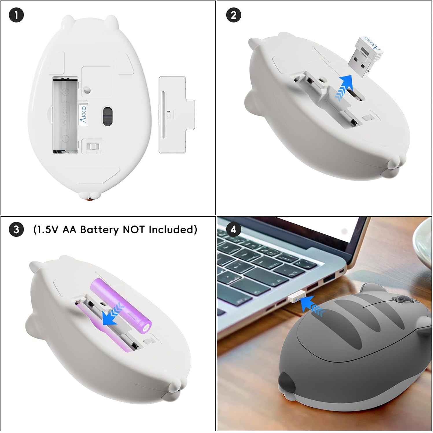 Detalle 2 de Akko Cute Wireless Mouse Cat Theme with 3200 DPI – Tri-Mode, Silent Click, Grey Mimo