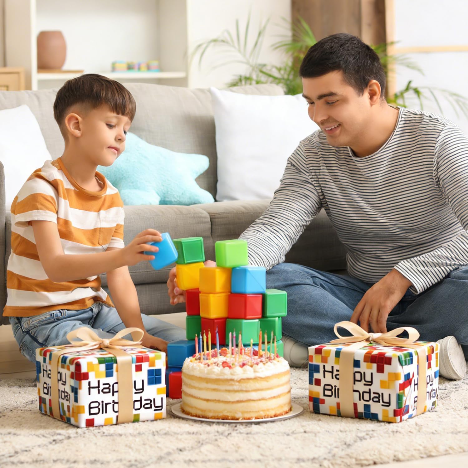 Detalle de 5pcs Birthday Paper Sheets with Colourful Tetris by QRTDXP — Eco Friendly Gift Wrap, 50 x 70 cm