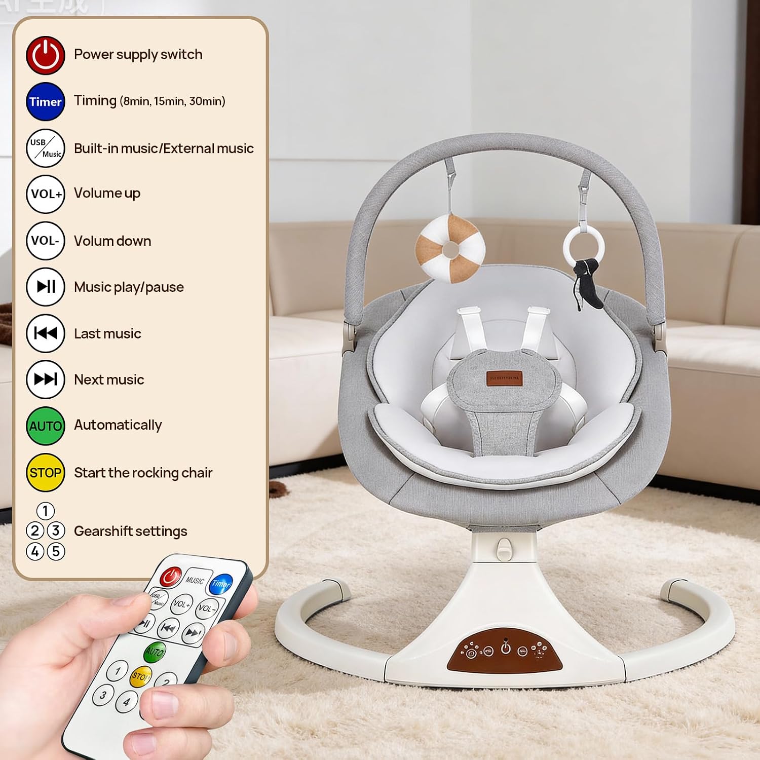 Thumbnail 6 de Viriwebaby Gray Baby Swing with 5 Speeds, Timer, Bluetooth and USB Music