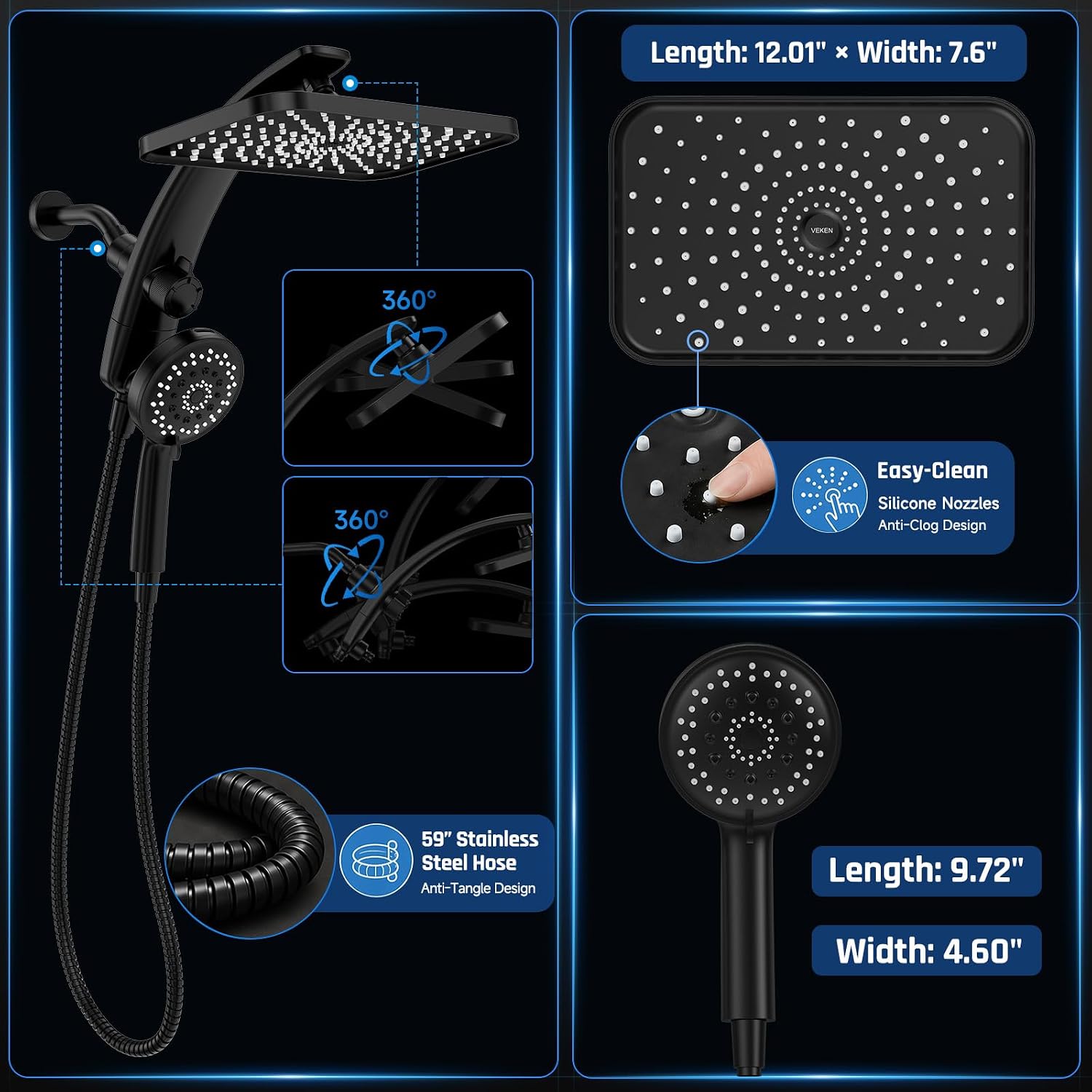 Thumbnail 6 de Veken SHC3V402 12-Inch Rain Shower Head with Magnetic Handheld, Matte Black