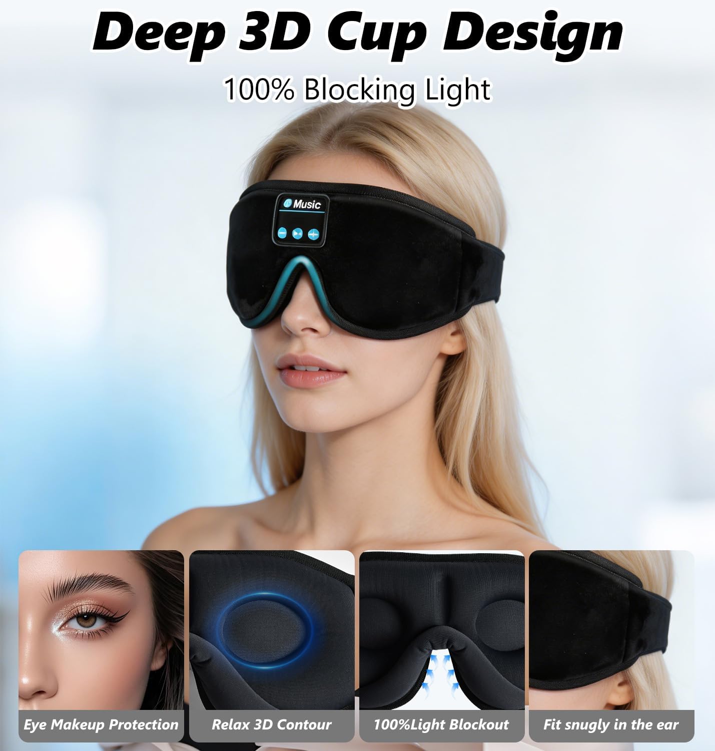 Detalle 2 de KARFUN Eye Mask with Bluetooth Headphones (Upgraded 3D Sleep Headphones) – 14h Battery, 5.4 BT, Side Sleeper Comfort