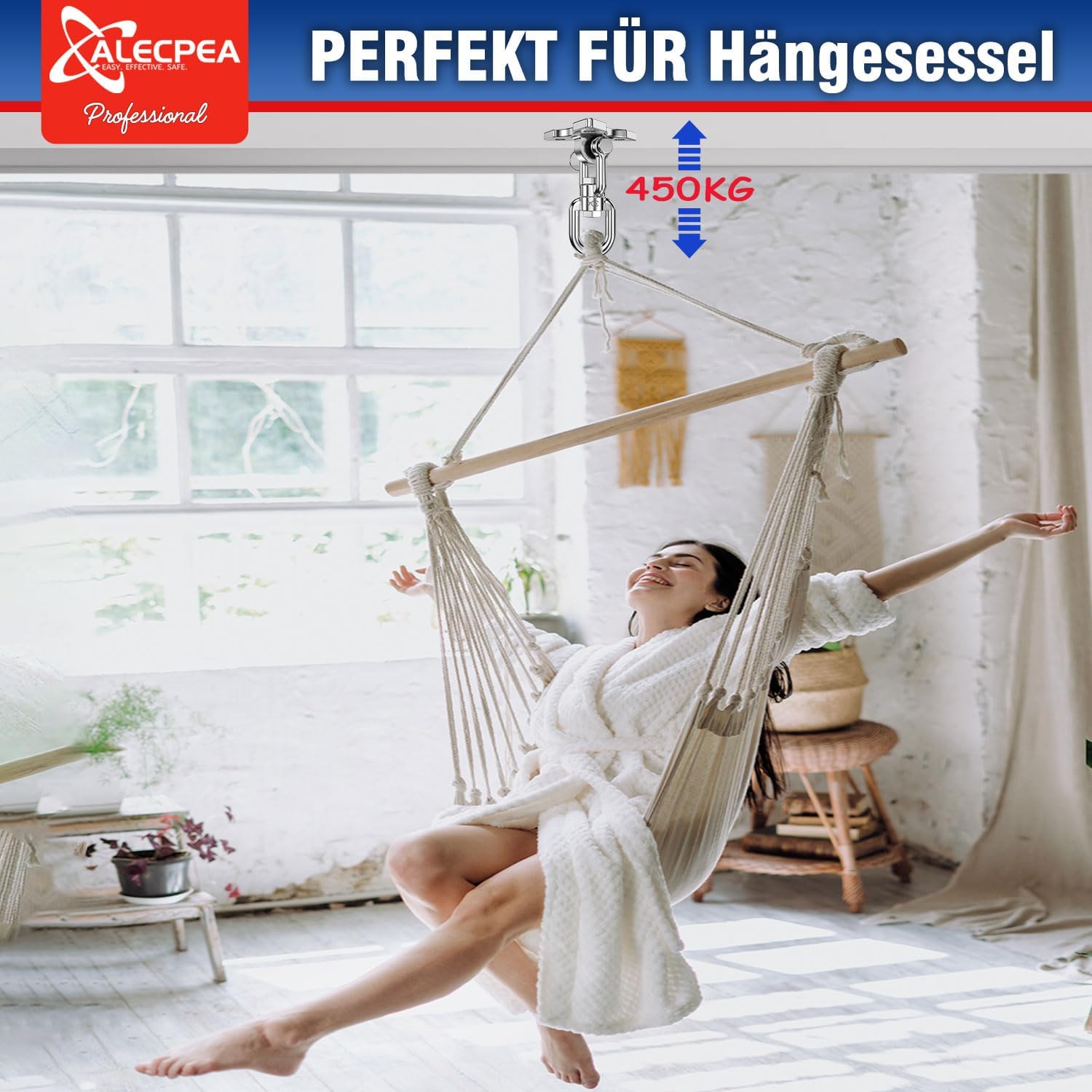 Thumbnail 6 de ALECPEA 360° Dreh-Deckenhaken für Schaukeln & Hängesessel – Tragfähigkeit 450 kg, Edelstahl