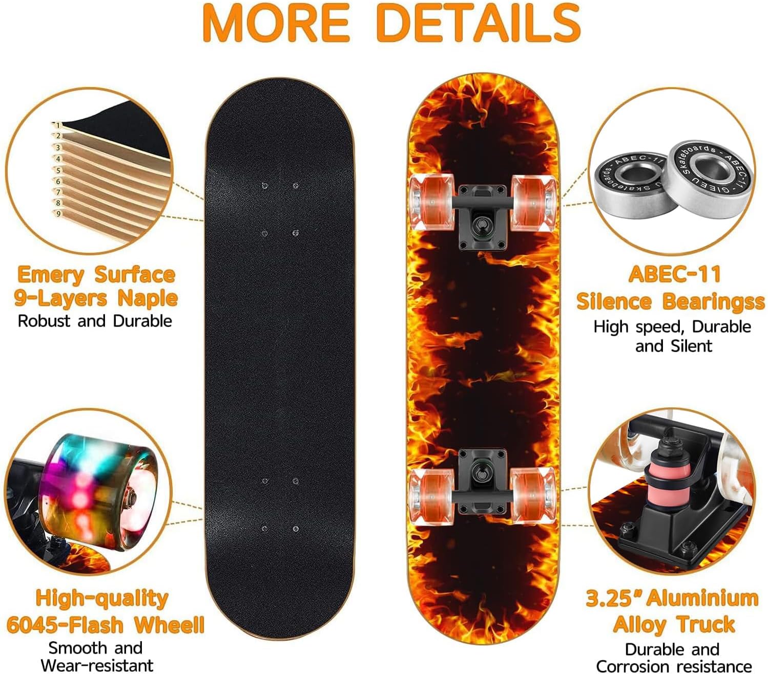 Thumbnail 2 de GIEEU 9-Ply Canadian Maple Complete Skateboard with Colorful Flashing Wheels (31" x 8")