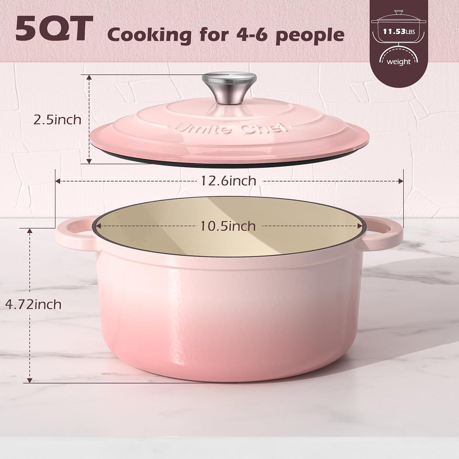 Detalle de Umite Chef 5QT Enameled Cast Iron Dutch Oven 🍲