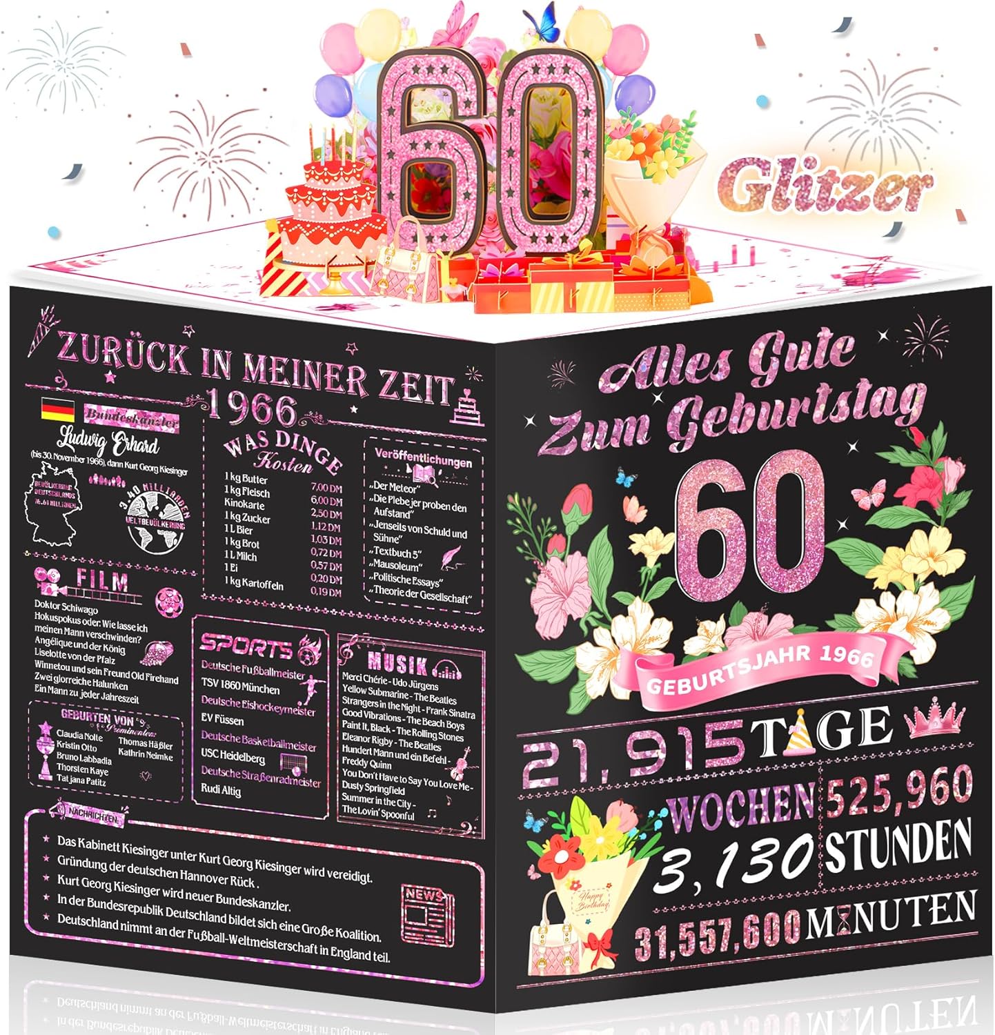 Detalle de OLOSONG 60. Geburtstag Pop-Up Karte – 3D-Luftballon-Geschenk zum 60. Geburtstag
