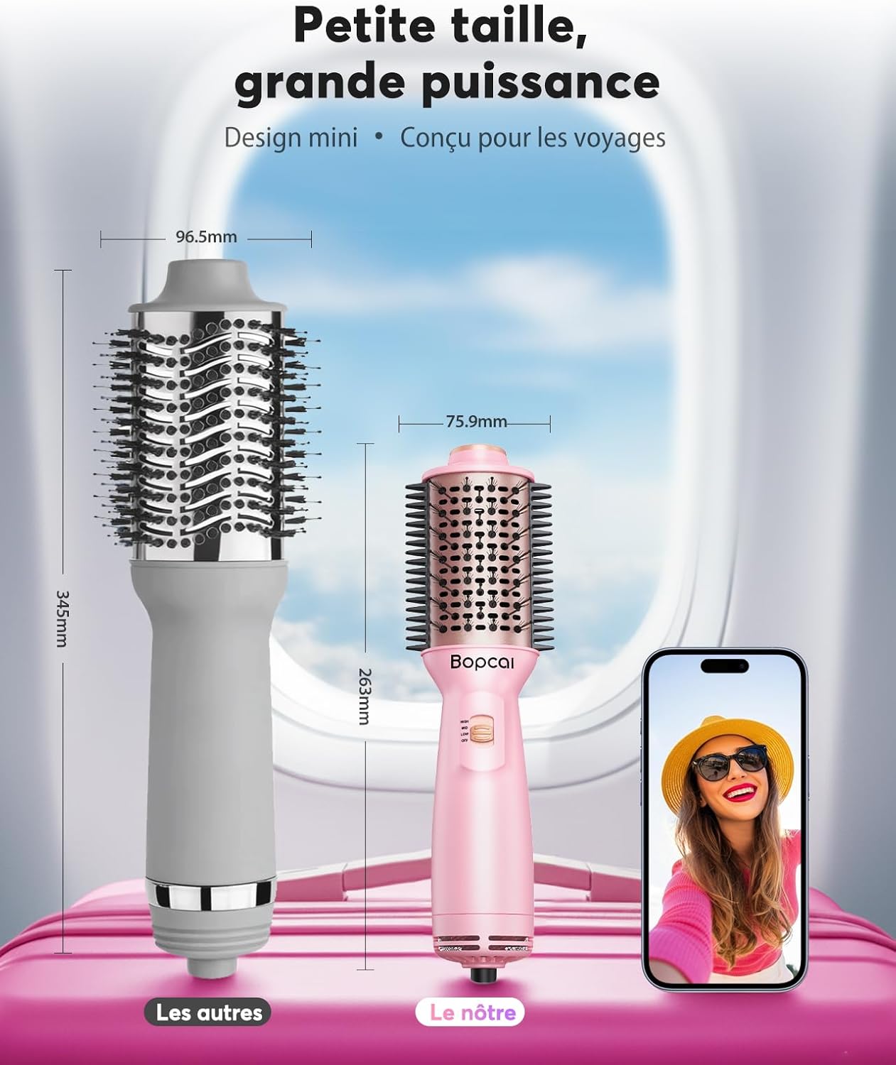 Detalle de Bopcal Mini Brosse Soufflante Voyage 4 en 1: compacte, polyvalente et idéale pour les voyages