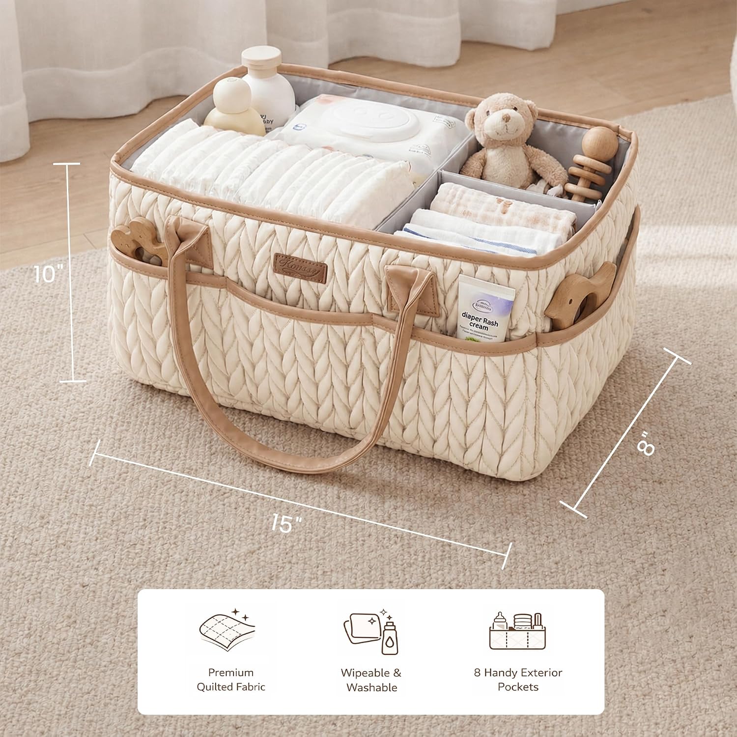 Detalle de Konssy KYMHMMB63 Diaper Caddy, Water-Repellent Braided Quilted Organizer