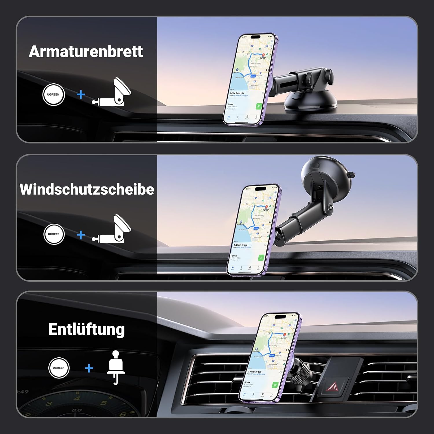 Detalle de UGREEN MagSafe Autohalterung 2-in-1 (360° drehbar) für iPhone & Smartphones – mit Lüftungsklipp und Saugnapf