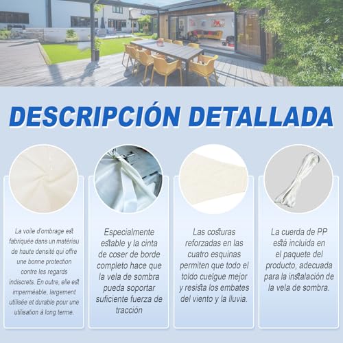 Thumbnail 3 de Sunnylaxx 3x4m Toldo Vela de Sombra Impermeable Crema para Exterior