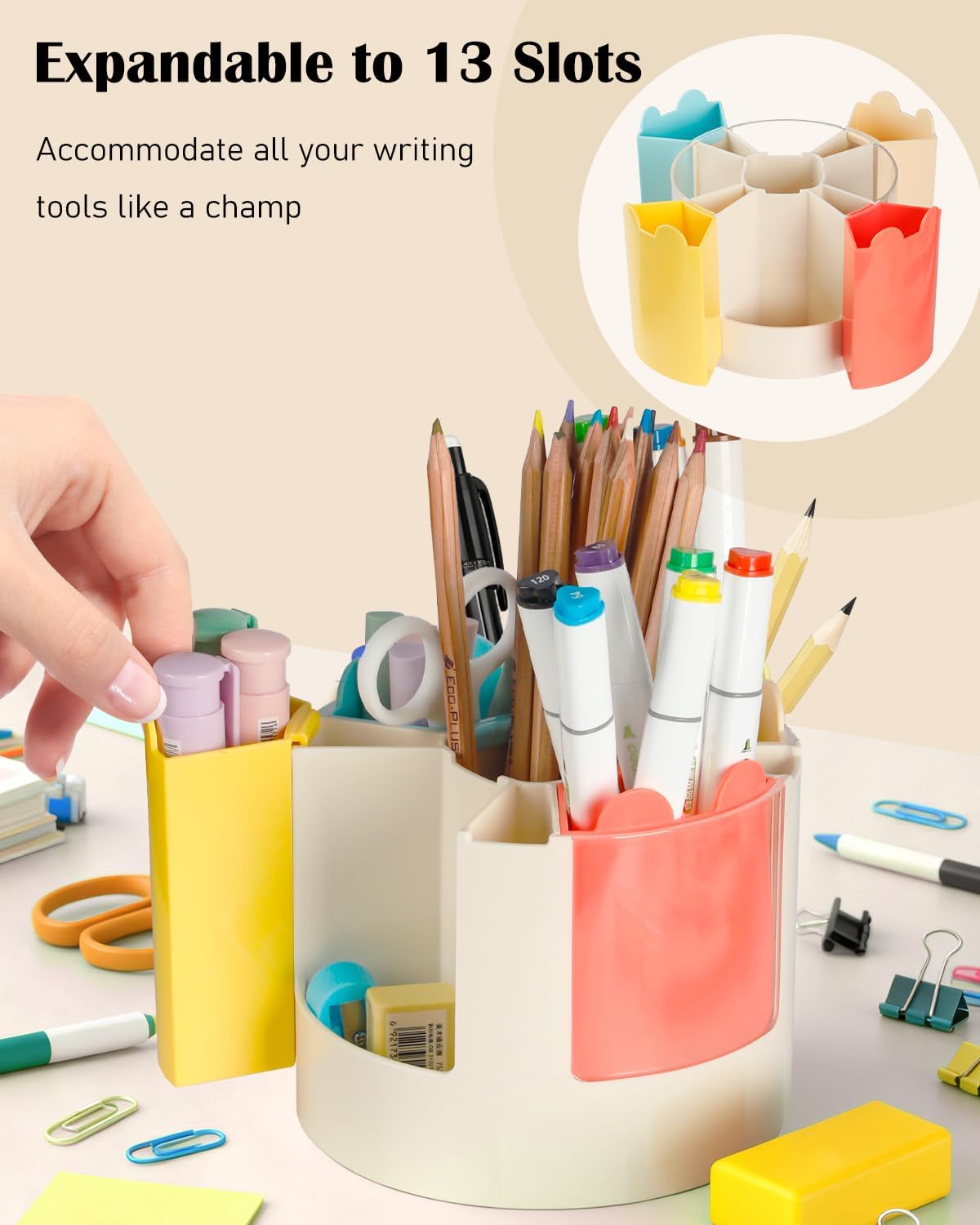 Thumbnail 2 de Uniclife porte-stylo rotatif 360° pour bureau avec 13 fentes et autocollants déco