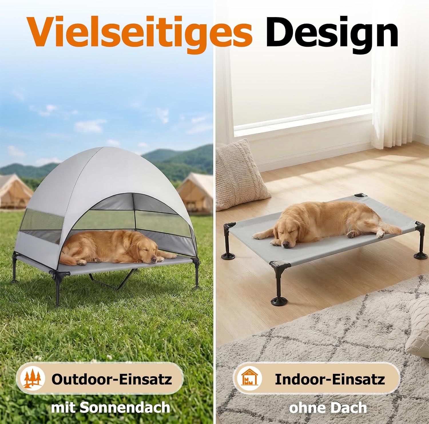 Detalle de Erhöhtes Outdoor-Hundebett mit UV-beständigem Dach | XL Grau – einfaches Aufstellen, kühler Schattenplatz für Camping, Garten und Pool