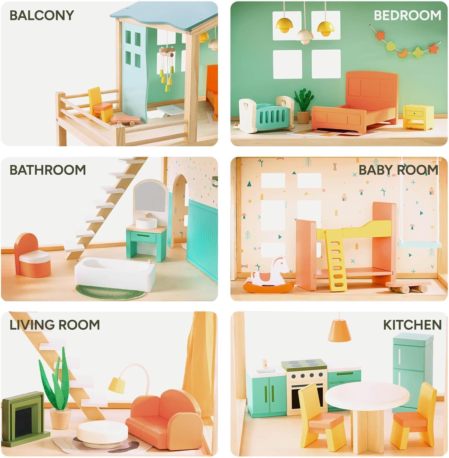 Detalle de Giant bean Large Wooden Dollhouse with 32-Piece Furniture Set, 3-Story 5-Room Playhouse
