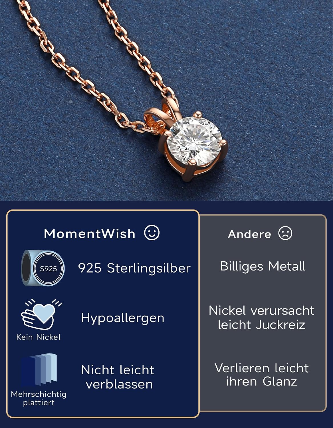 Detalle de Moissanite Halskette 1 Karat Solitär