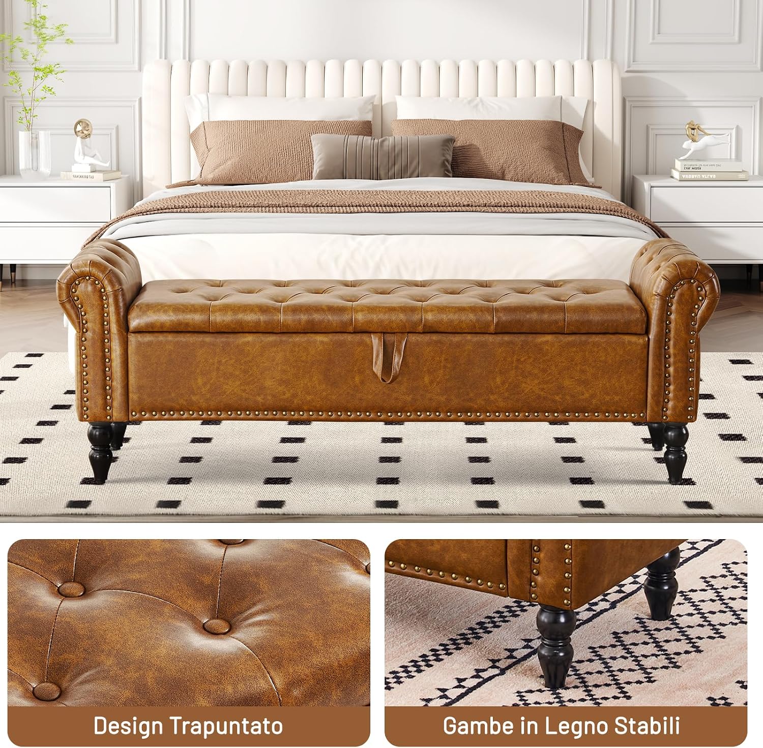 Thumbnail 3 de Ckaff Panca Fondo Letto Matrimoniale 160 cm – Cassapanca contenitore in pelle PU marrone