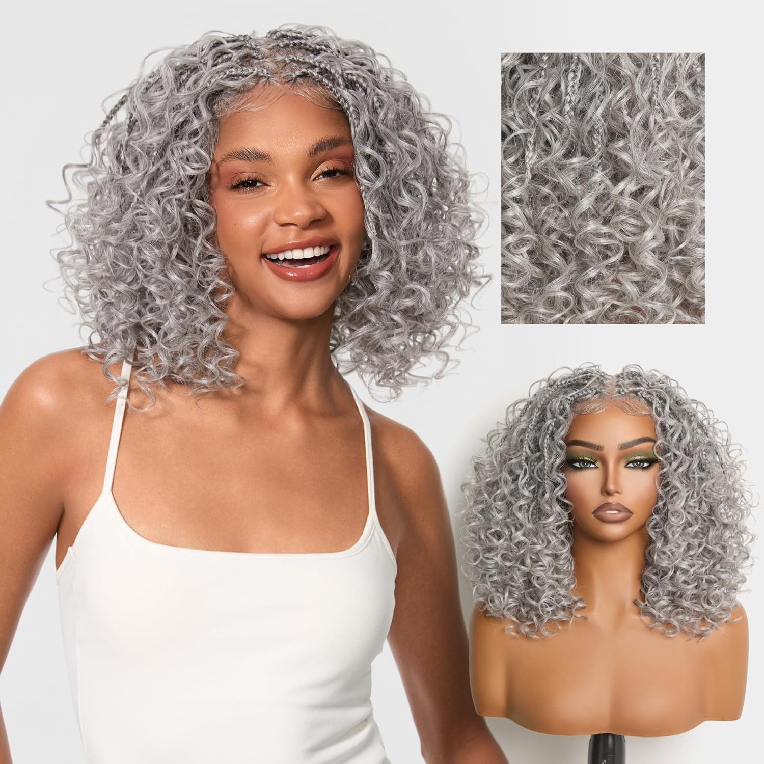 Detalle 1 de Frodio Veralux Fiber 10'' Synthetic HD Lace Wig – Micro Twist Curly, Glueless with Bangs