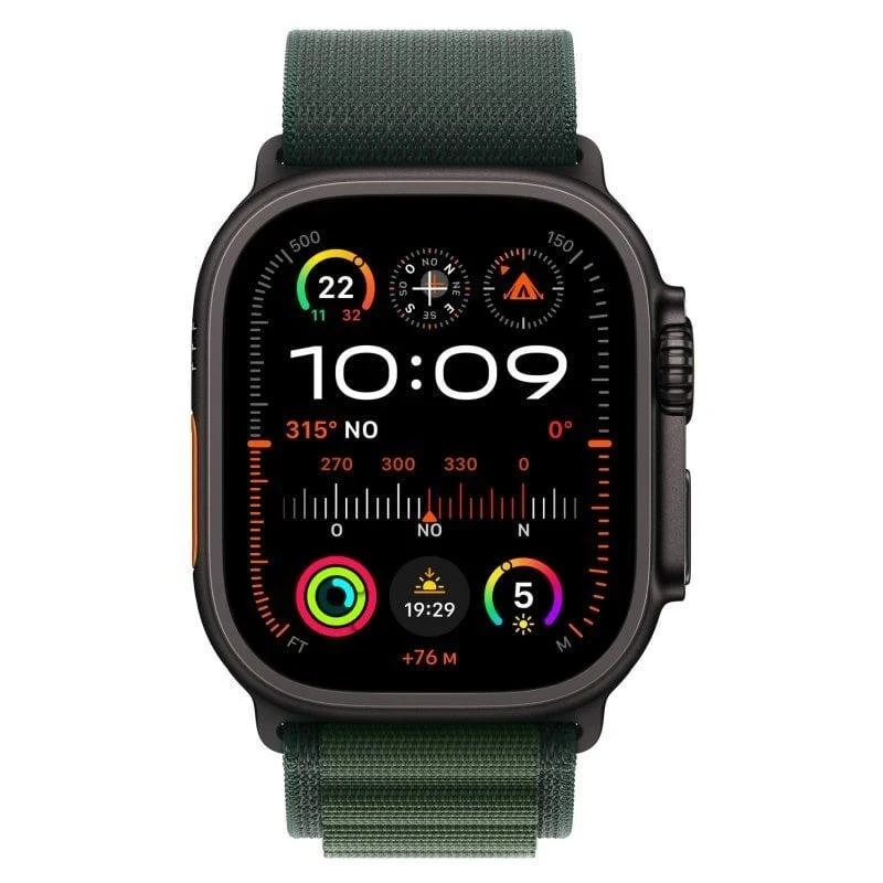 Detalle 2 de Apple Watch Ultra 2 GPS + Cellular 49 mm – Titanio negro con correa Alpine Loop M verde oscuro