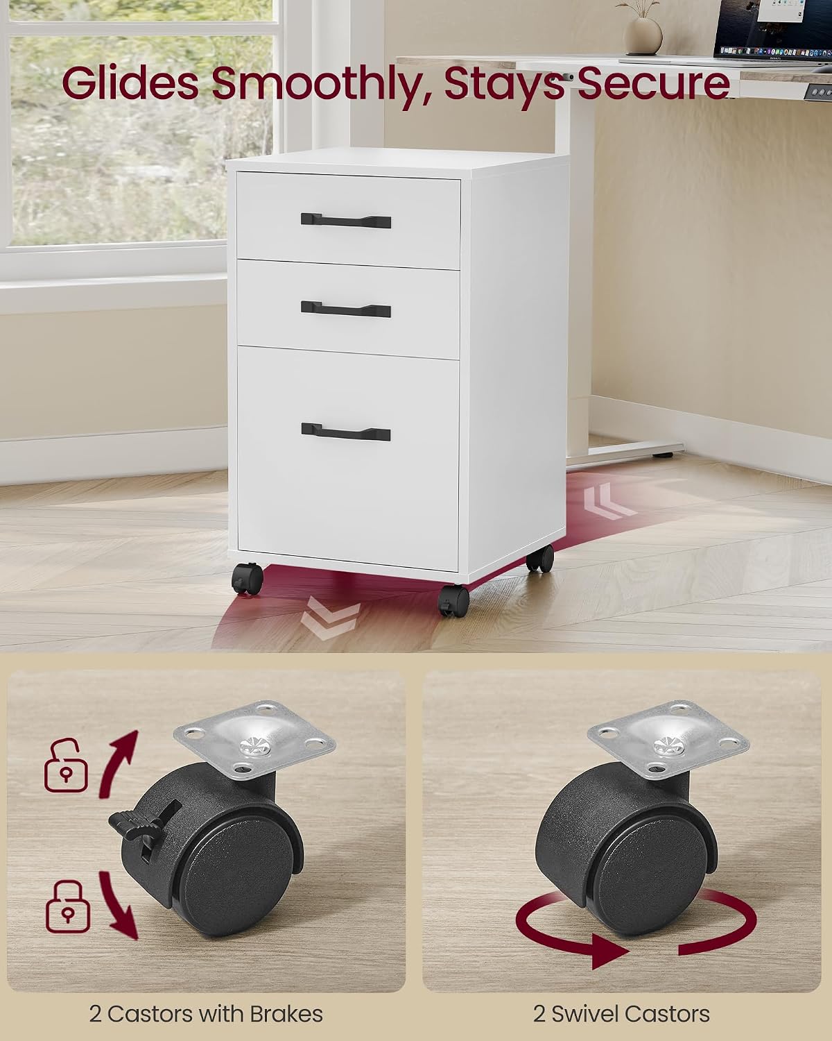 Detalle 2 de VASAGLE Mobile File Cabinet, 3 Drawers with Wheels (OFC065WB01) – Cloud White