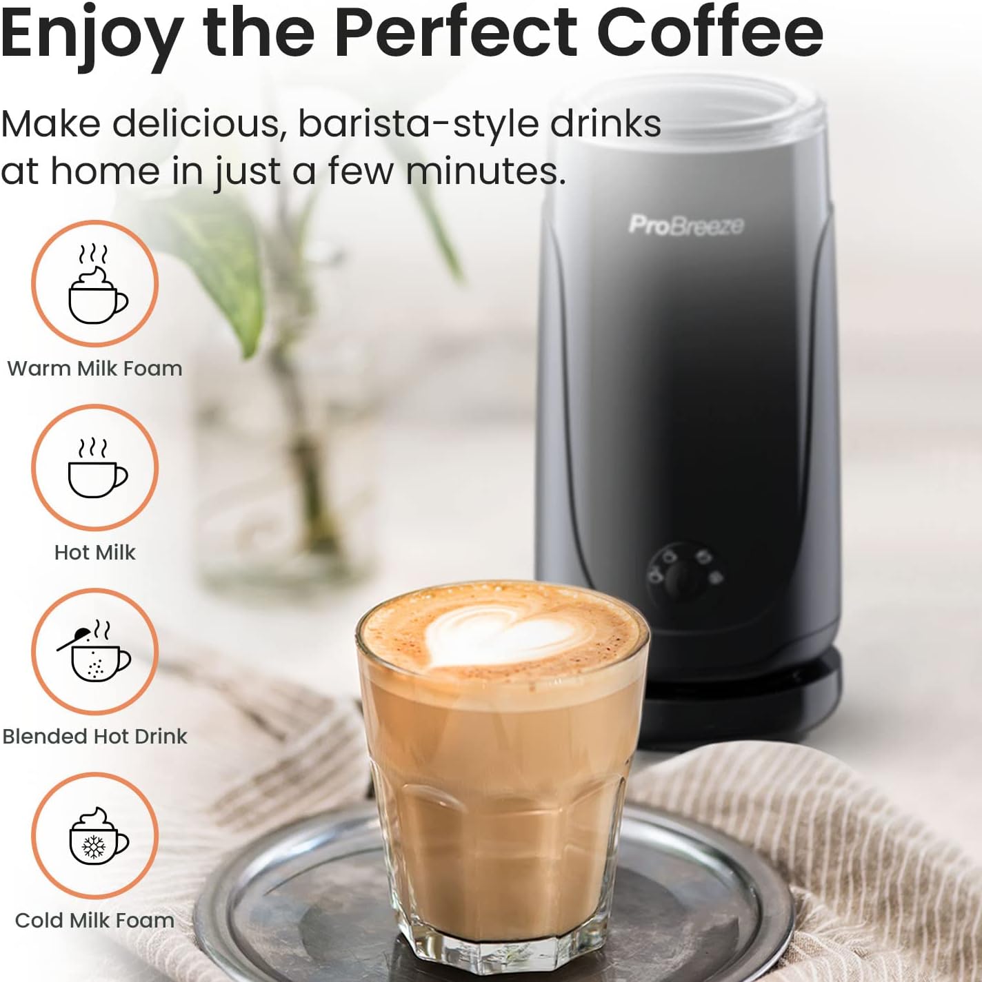 Detalle 2 de Pro Breeze Electric 4-in-1 Automatic Milk Frother (240ml) – Hot & Cold Foam Maker for Latte, Cappuccino & More