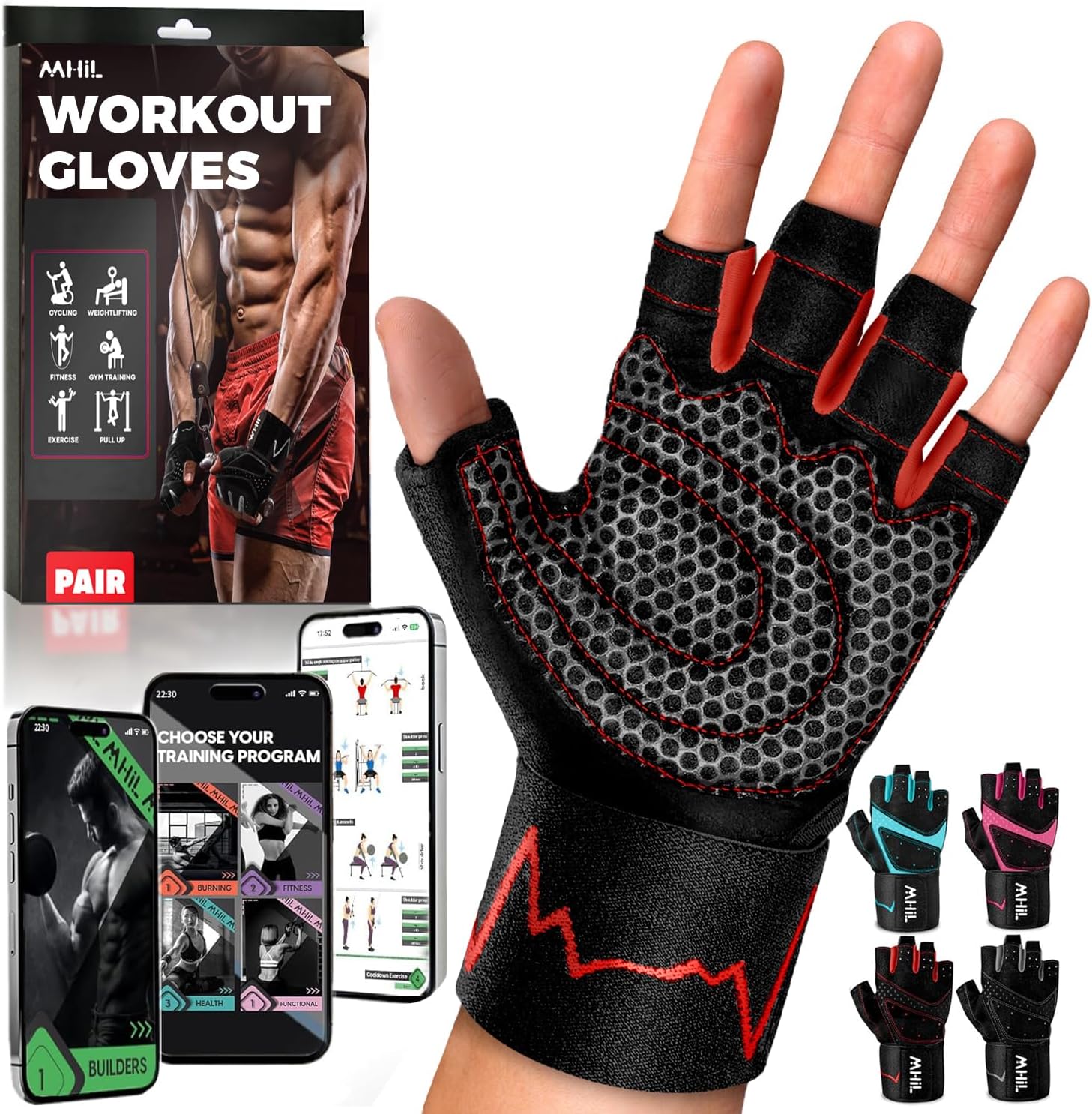 Detalle de MhIL Workout Gloves, Medium Red, Silicone Grip and Wrist Wrap Support